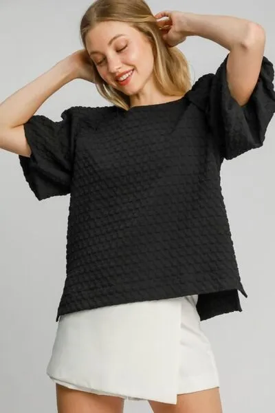 Hazel Blues® | Umgee Boxy Cut Jacquard Round Neck Top with Side Slit