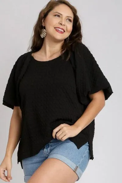 Hazel Blues® | Umgee Boxy Cut Jacquard Round Neck Top with Side Slit