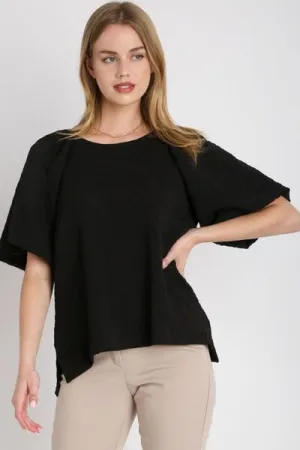 Hazel Blues® | Umgee Boxy Cut Jacquard Round Neck Top with Side Slit