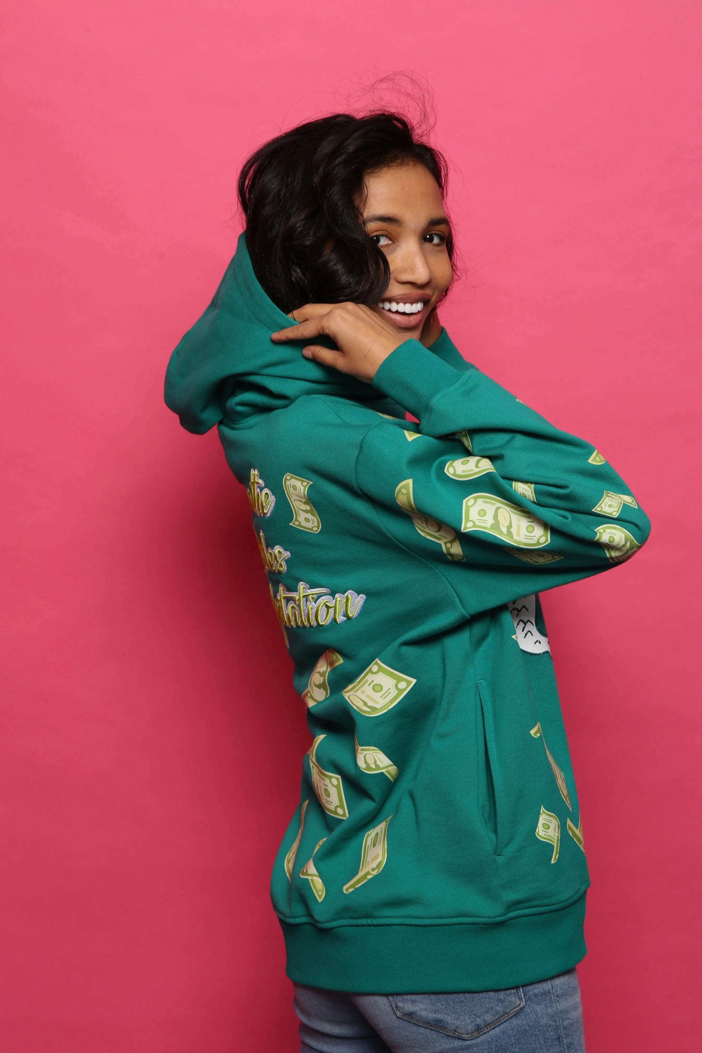 ‘Hoodie Nation’ Rhinestine Affirmation Hoodie - Emerald Green