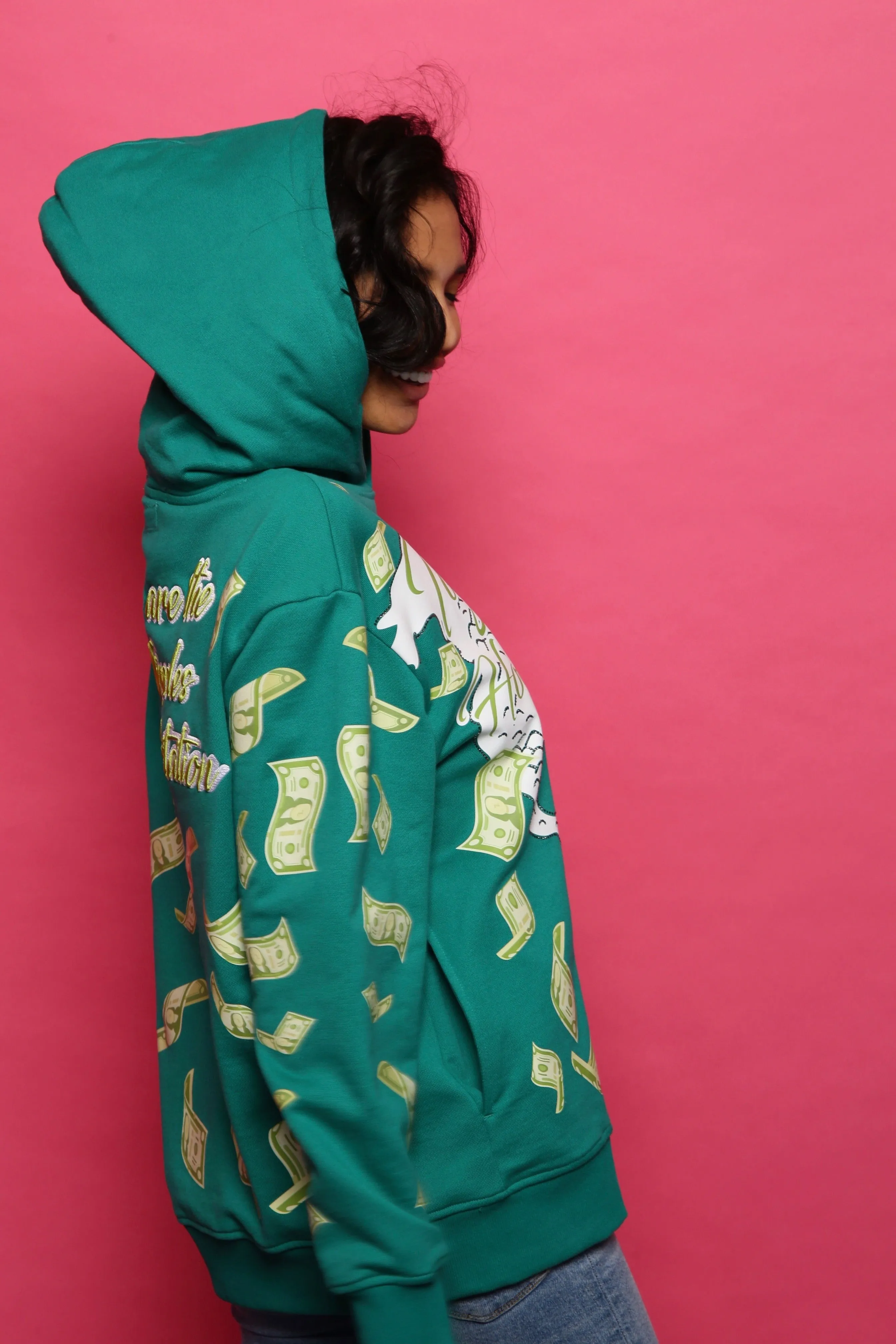 ‘Hoodie Nation’ Rhinestine Affirmation Hoodie - Emerald Green
