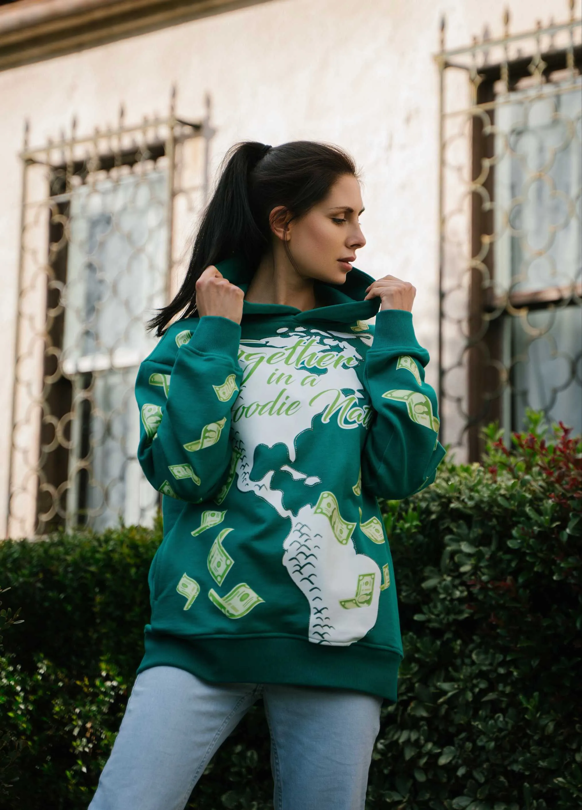 ‘Hoodie Nation’ Rhinestine Affirmation Hoodie - Emerald Green