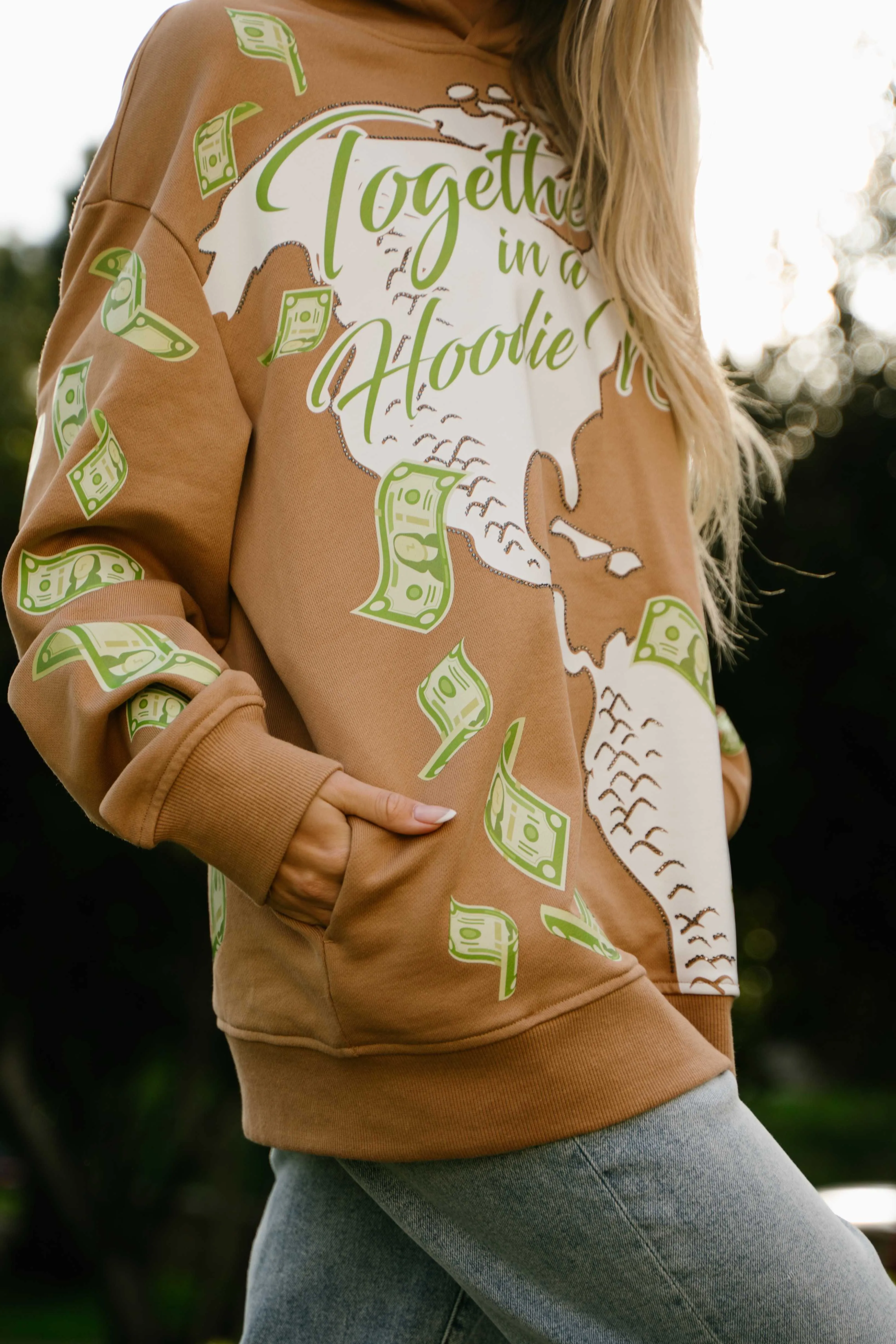 ‘Hoodie Nation’ Rhinestine Affirmation Hoodie - Khaki