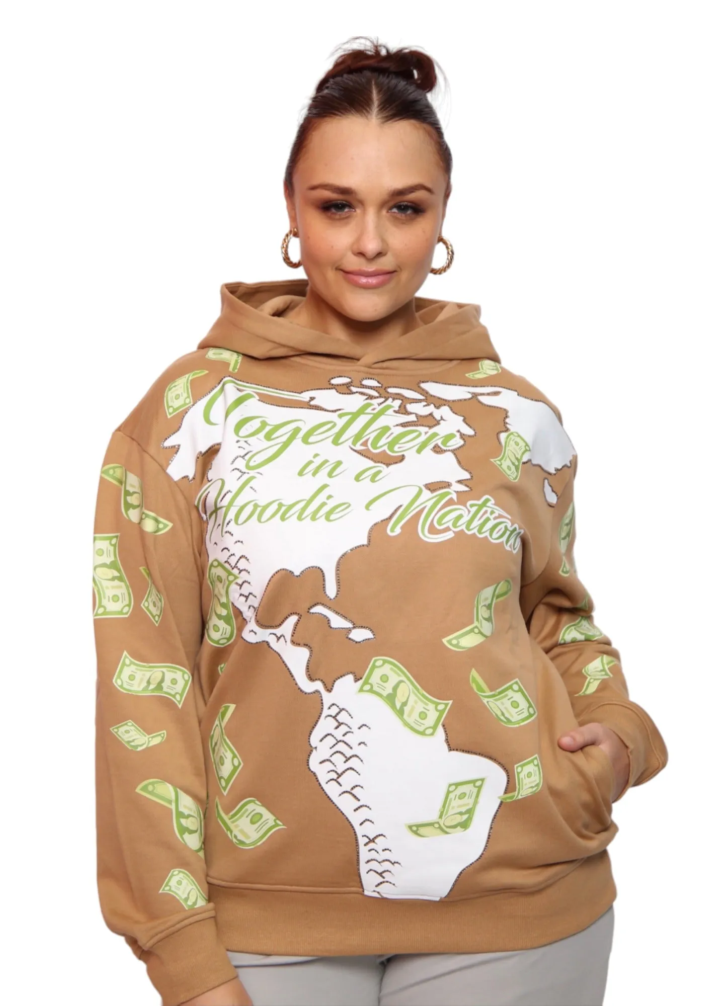 ‘Hoodie Nation’ Rhinestine Affirmation Hoodie - Khaki