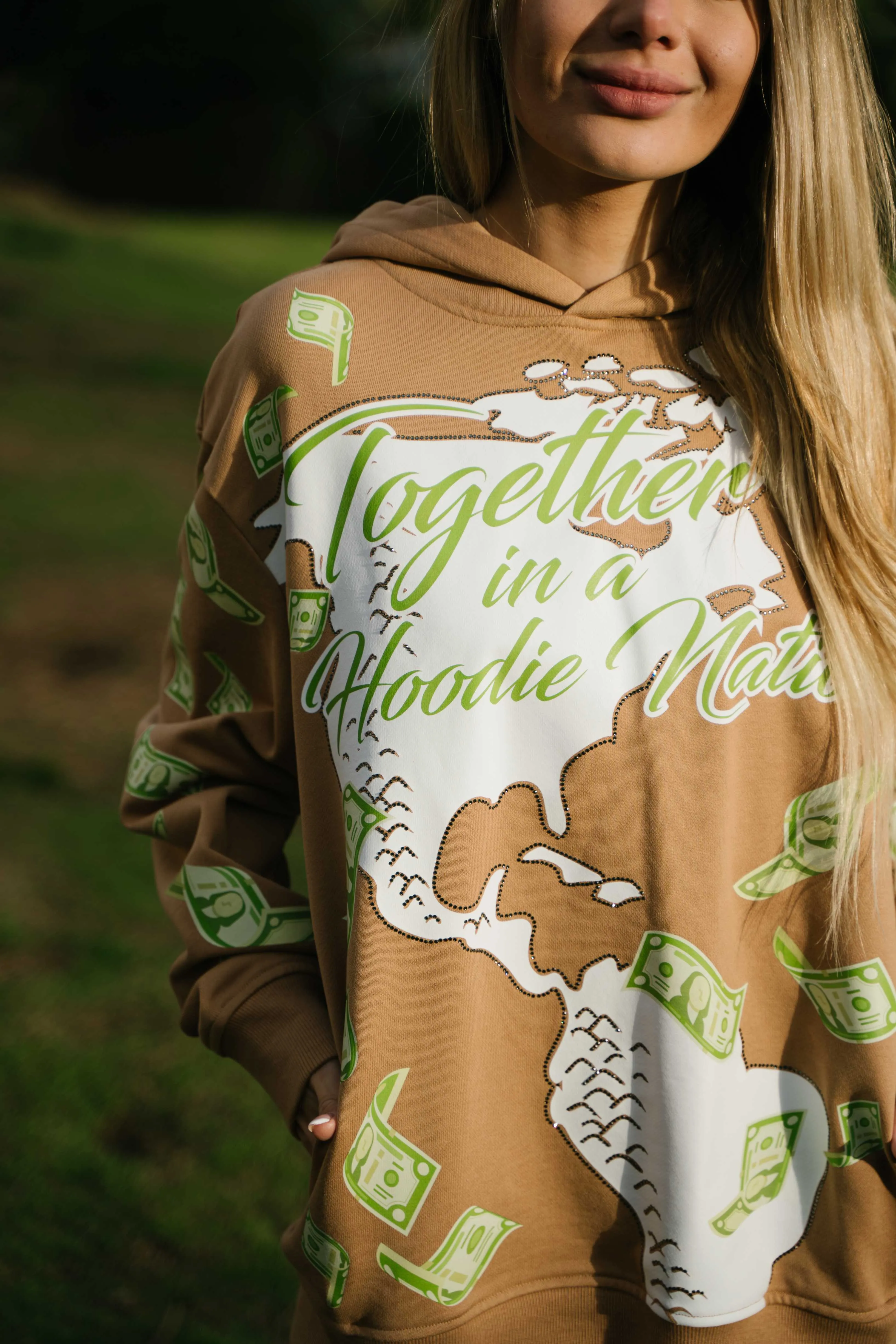 ‘Hoodie Nation’ Rhinestine Affirmation Hoodie - Khaki