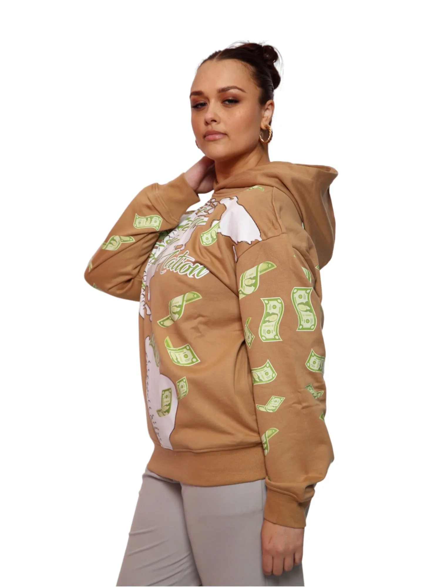 ‘Hoodie Nation’ Rhinestine Affirmation Hoodie - Khaki
