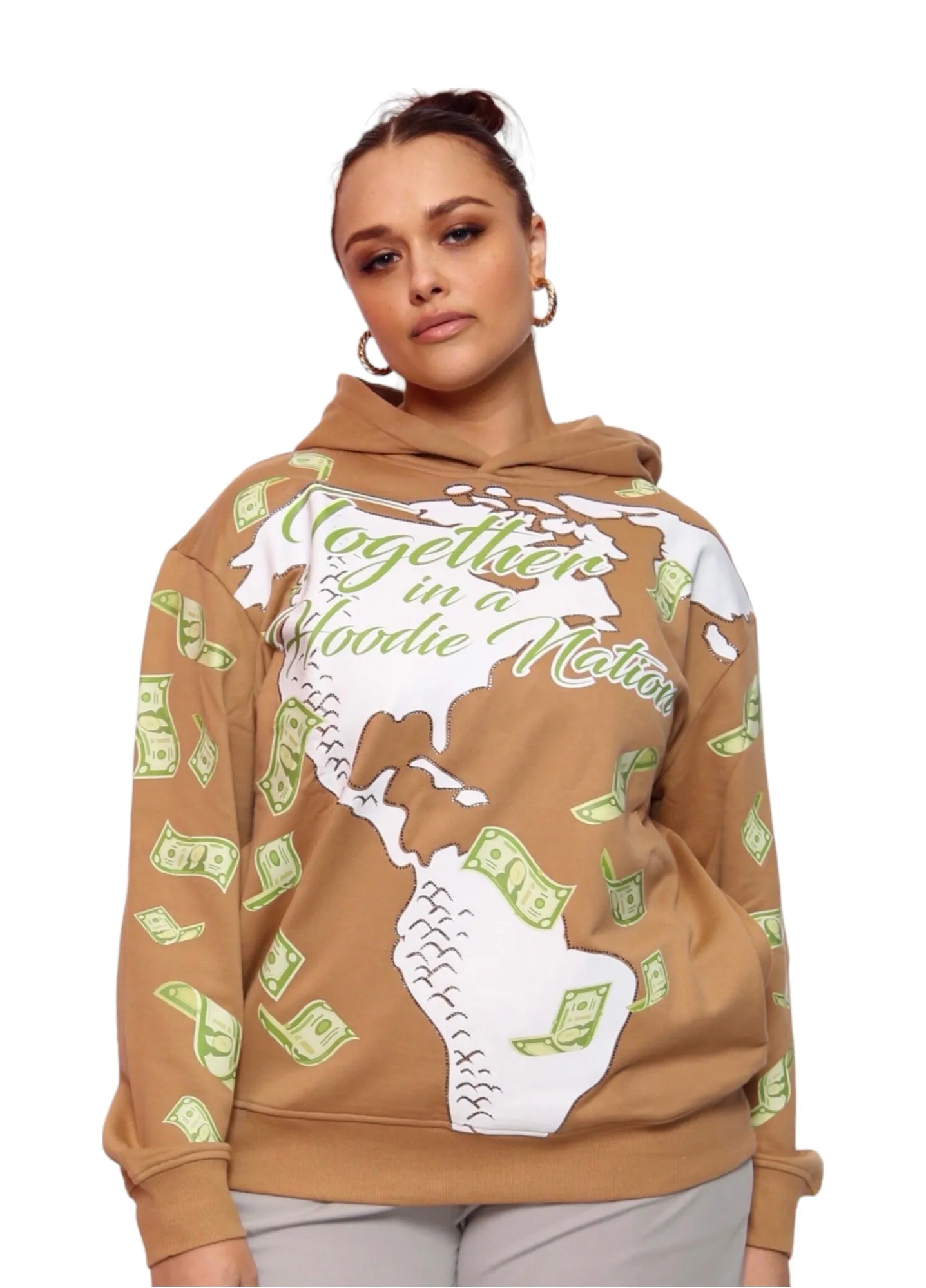 ‘Hoodie Nation’ Rhinestine Affirmation Hoodie - Khaki