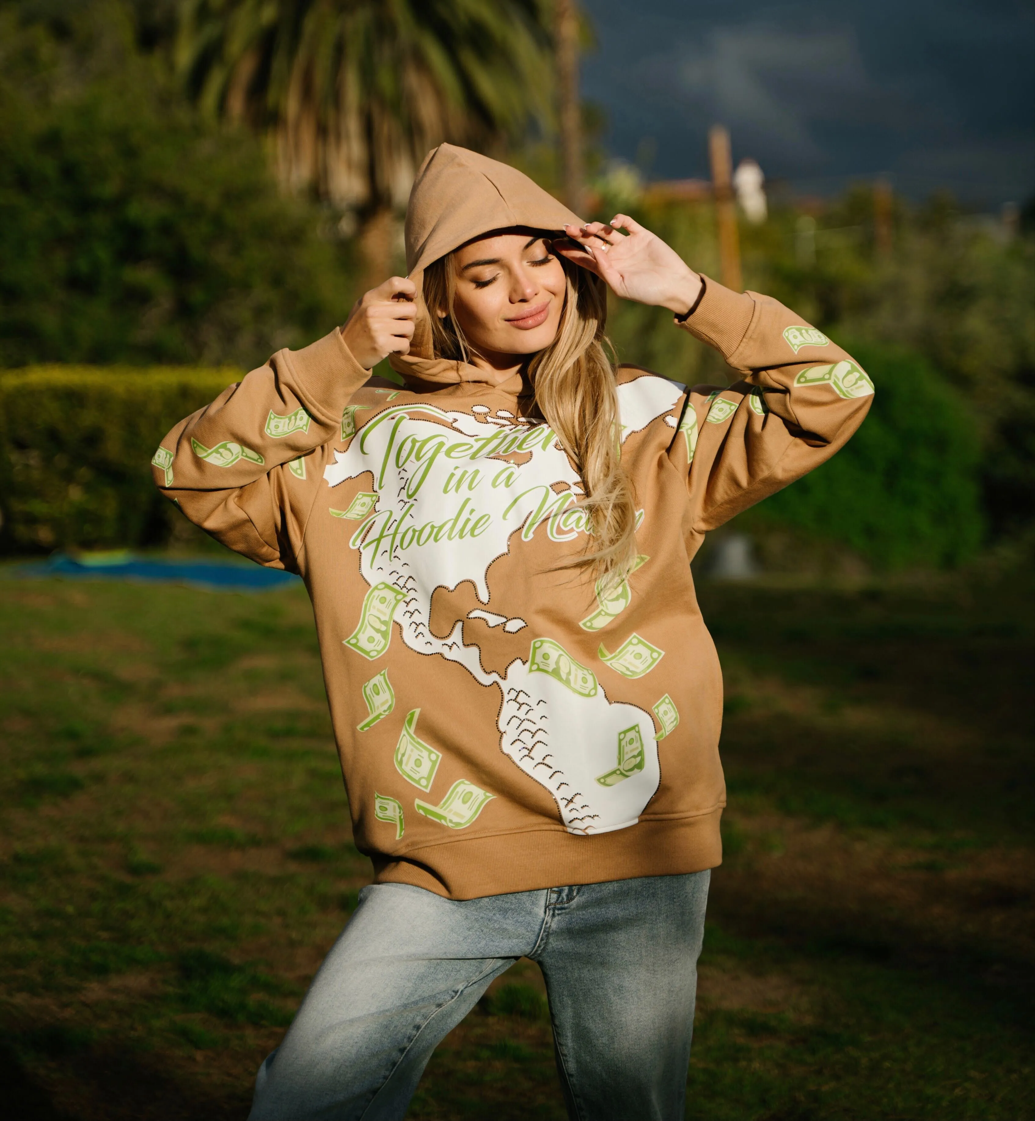 ‘Hoodie Nation’ Rhinestine Affirmation Hoodie - Khaki