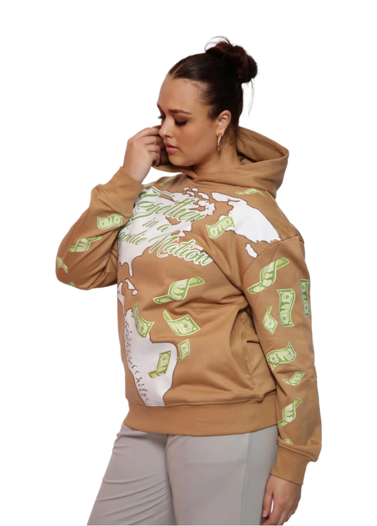 ‘Hoodie Nation’ Rhinestine Affirmation Hoodie - Khaki