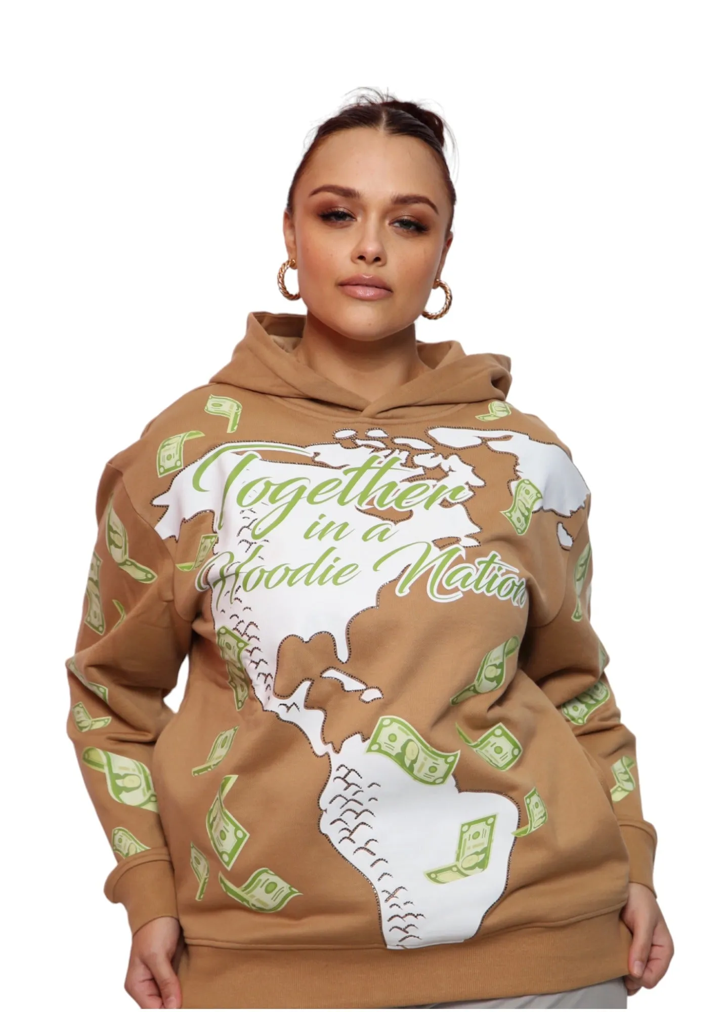 ‘Hoodie Nation’ Rhinestine Affirmation Hoodie - Khaki