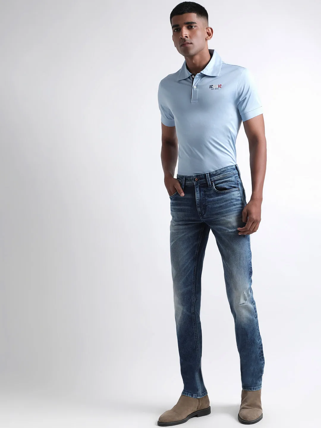 Iconic Men Mid Blue Solid Slim Fit Jeans