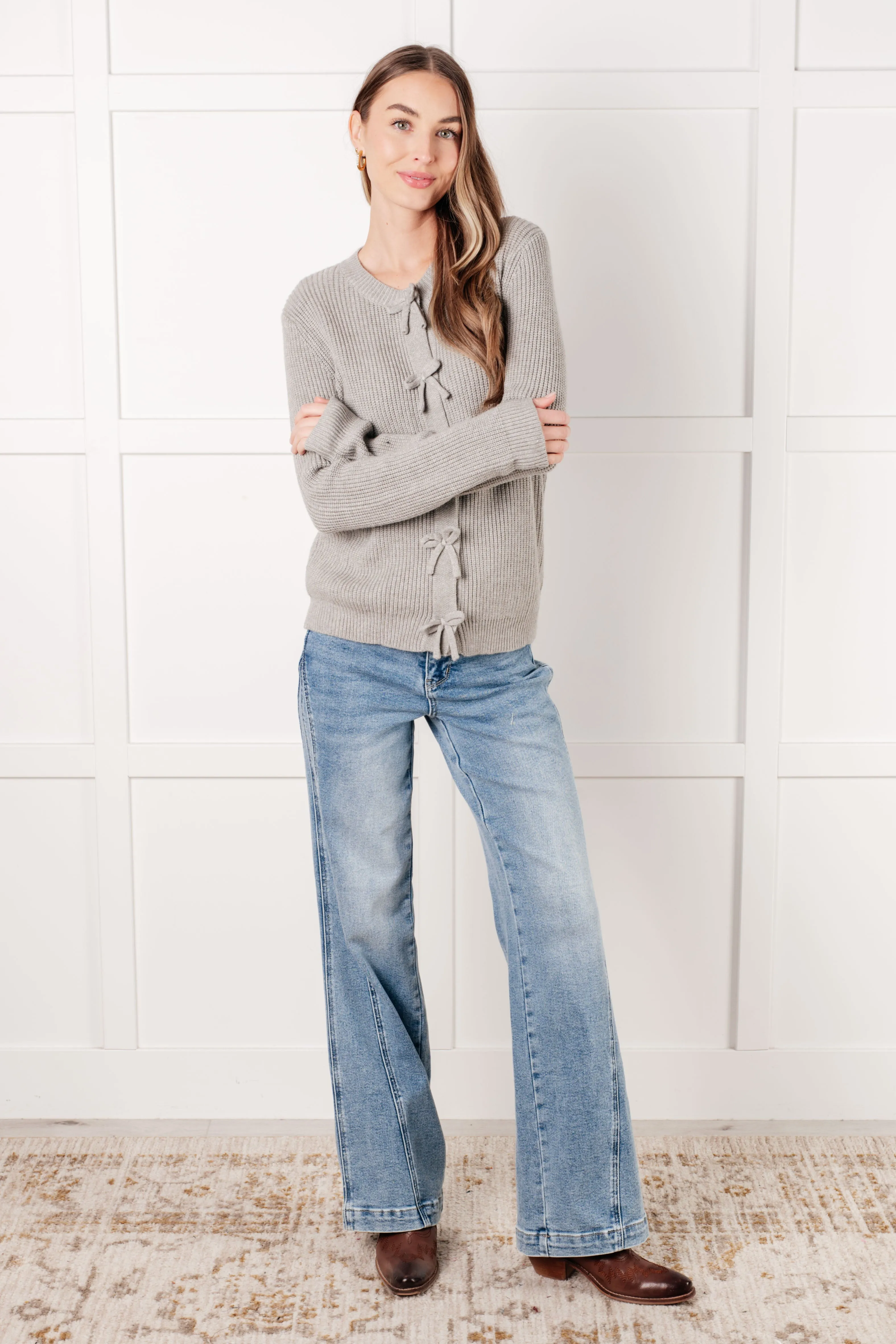 Ida Bow Front Cardigan - High-Stretch Sweater Knit, Snap Closure
