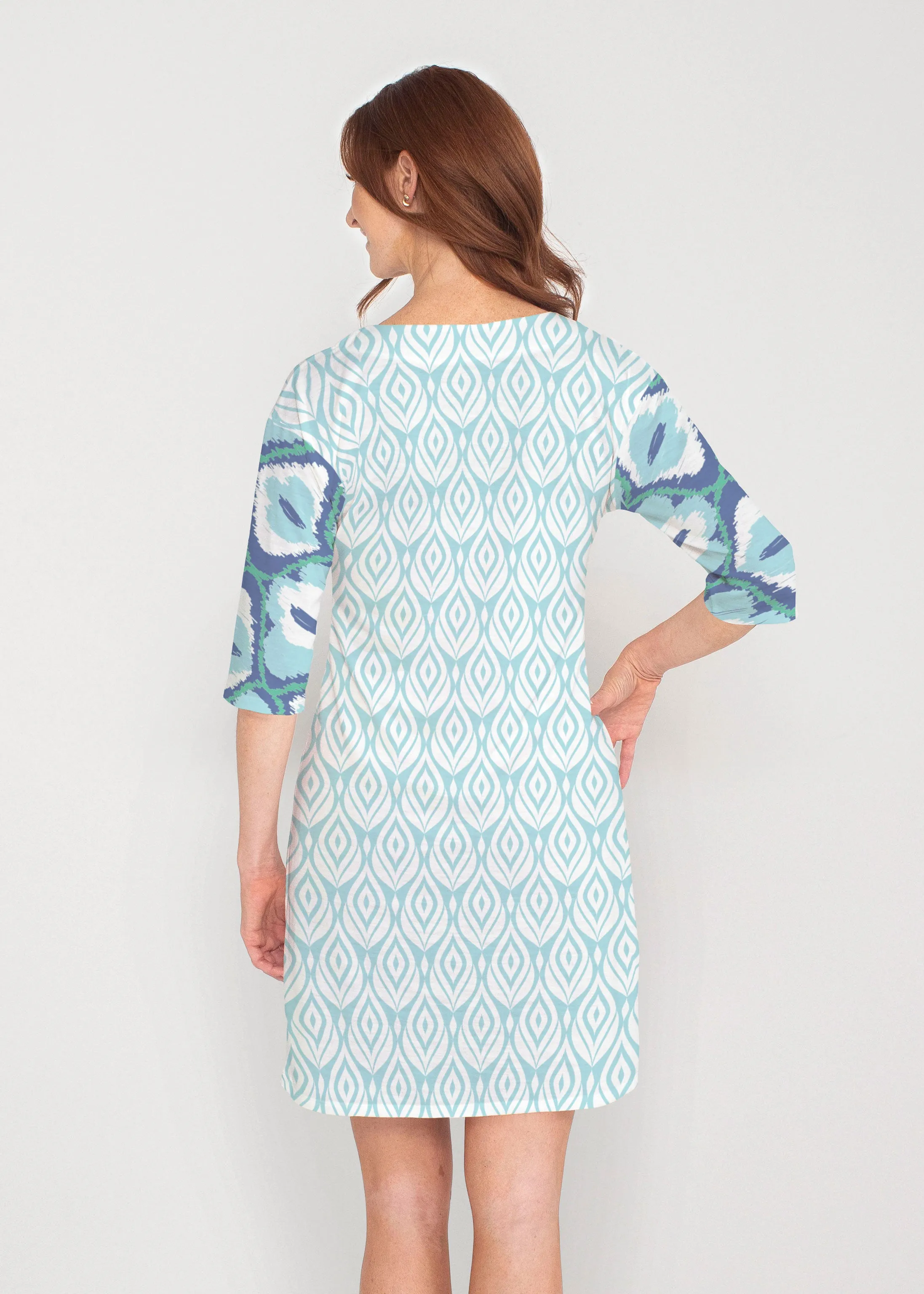 Ikat Buds Blue (8075) ~ Drop Shoulder 3/4 Sleeve V-Neck Dress