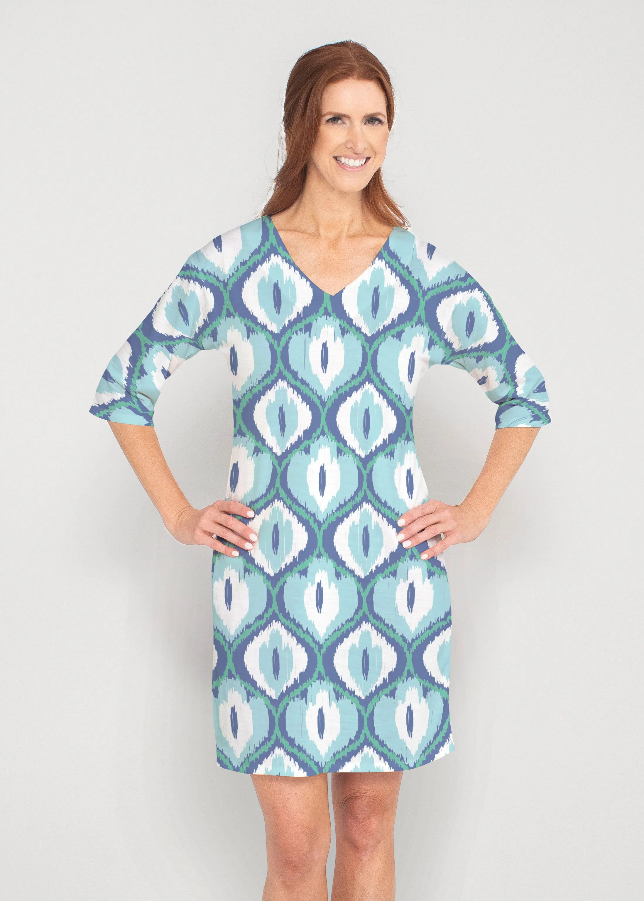 Ikat Buds Blue (8075) ~ Drop Shoulder 3/4 Sleeve V-Neck Dress
