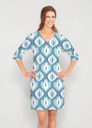 Ikat Buds Blue (8075) ~ Drop Shoulder 3/4 Sleeve V-Neck Dress