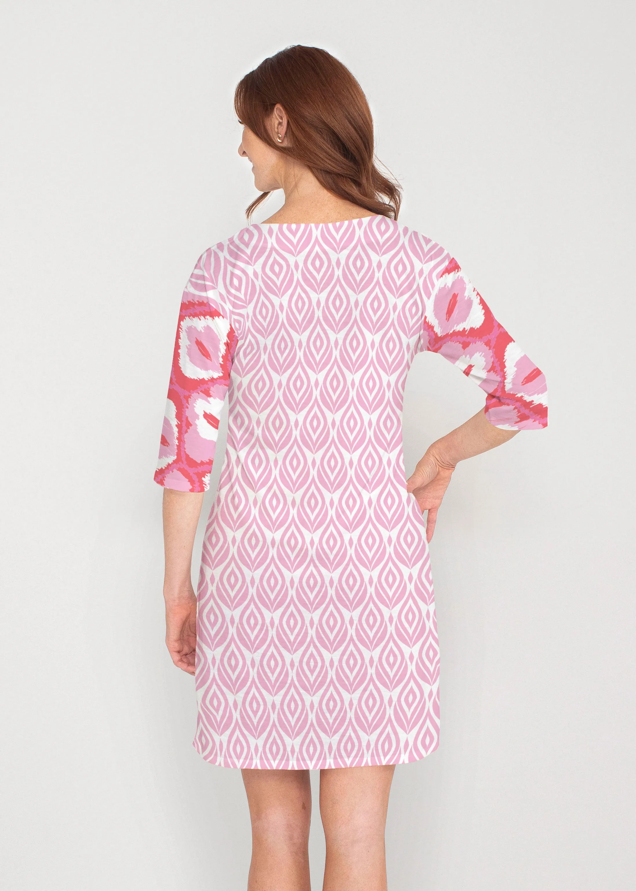 Ikat Buds Red/Pink (8096) ~ Drop Shoulder 3/4 Sleeve V-Neck Dress