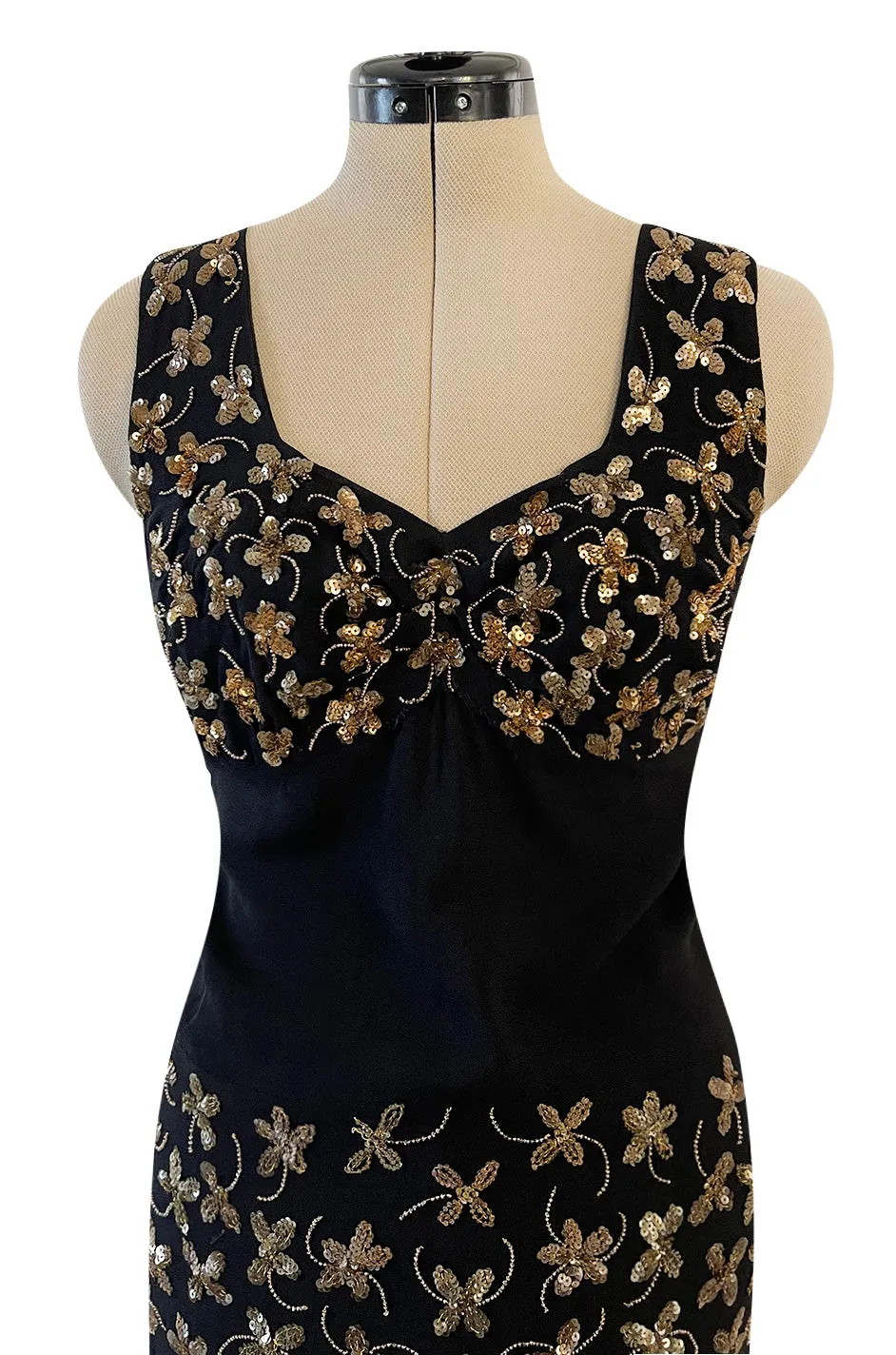 Incredible 1930s Black Moss Silk Crepe Dress Densely Covered w Rare Gelatin Sequins & Seed Beads