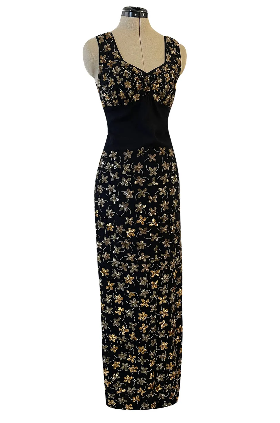 Incredible 1930s Black Moss Silk Crepe Dress Densely Covered w Rare Gelatin Sequins & Seed Beads