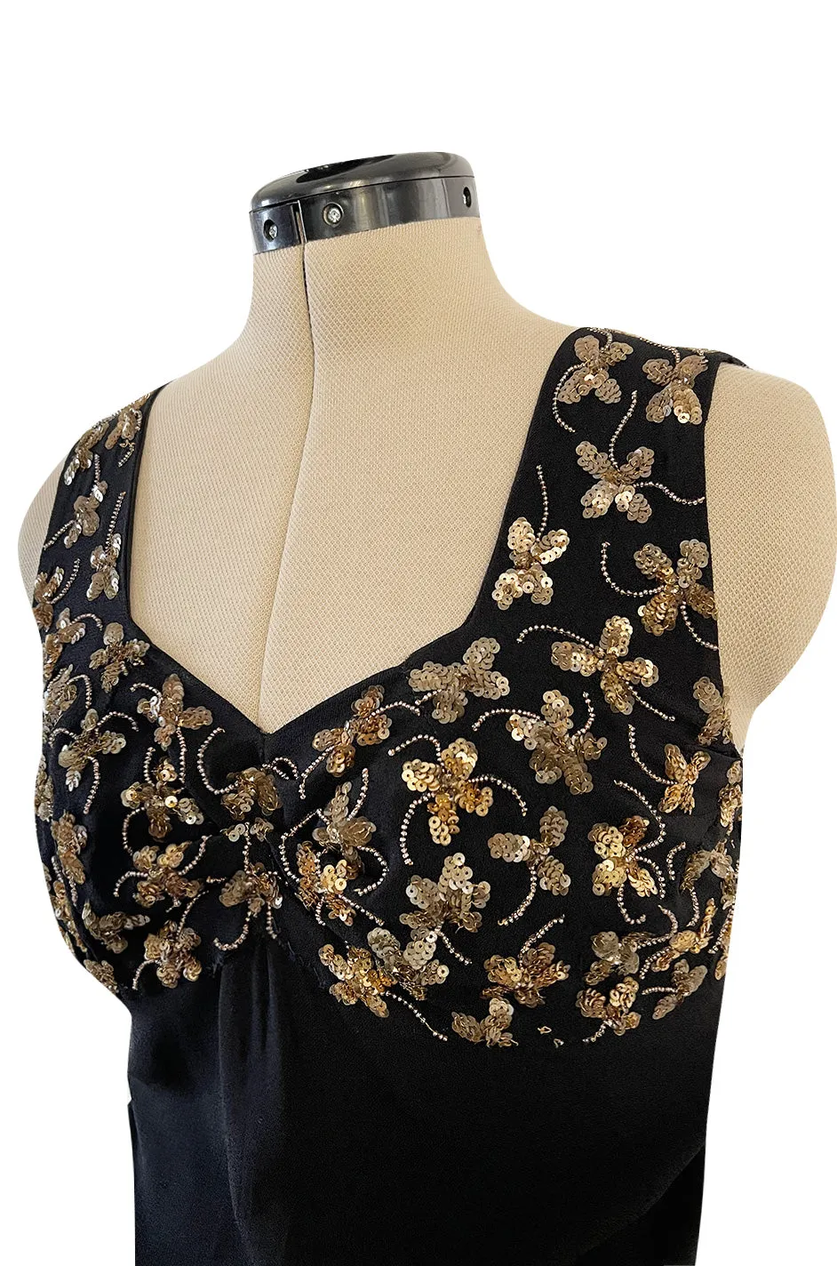 Incredible 1930s Black Moss Silk Crepe Dress Densely Covered w Rare Gelatin Sequins & Seed Beads