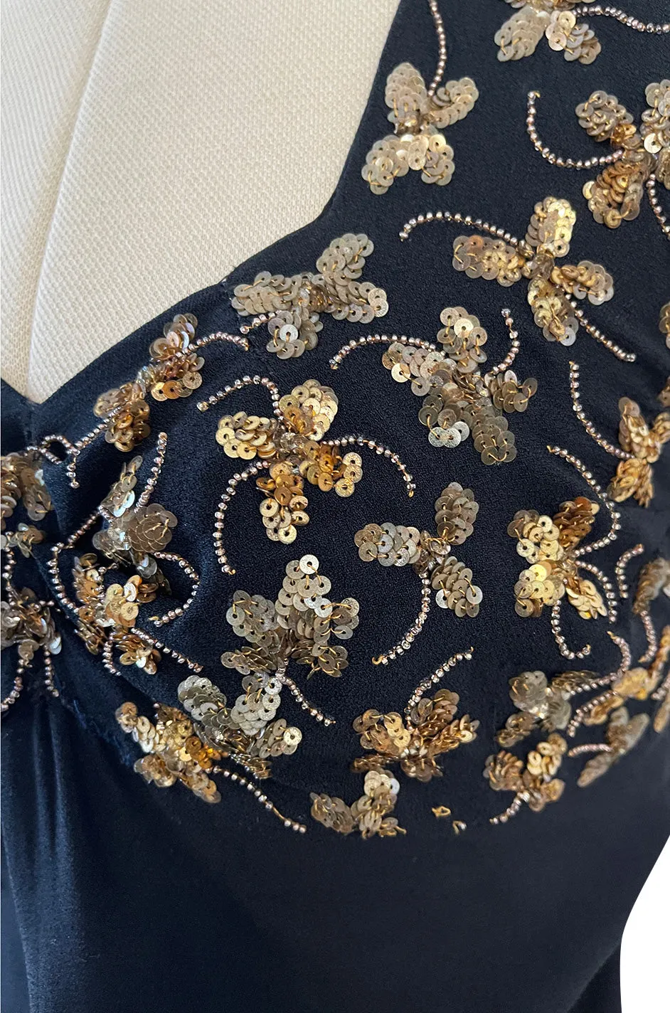 Incredible 1930s Black Moss Silk Crepe Dress Densely Covered w Rare Gelatin Sequins & Seed Beads