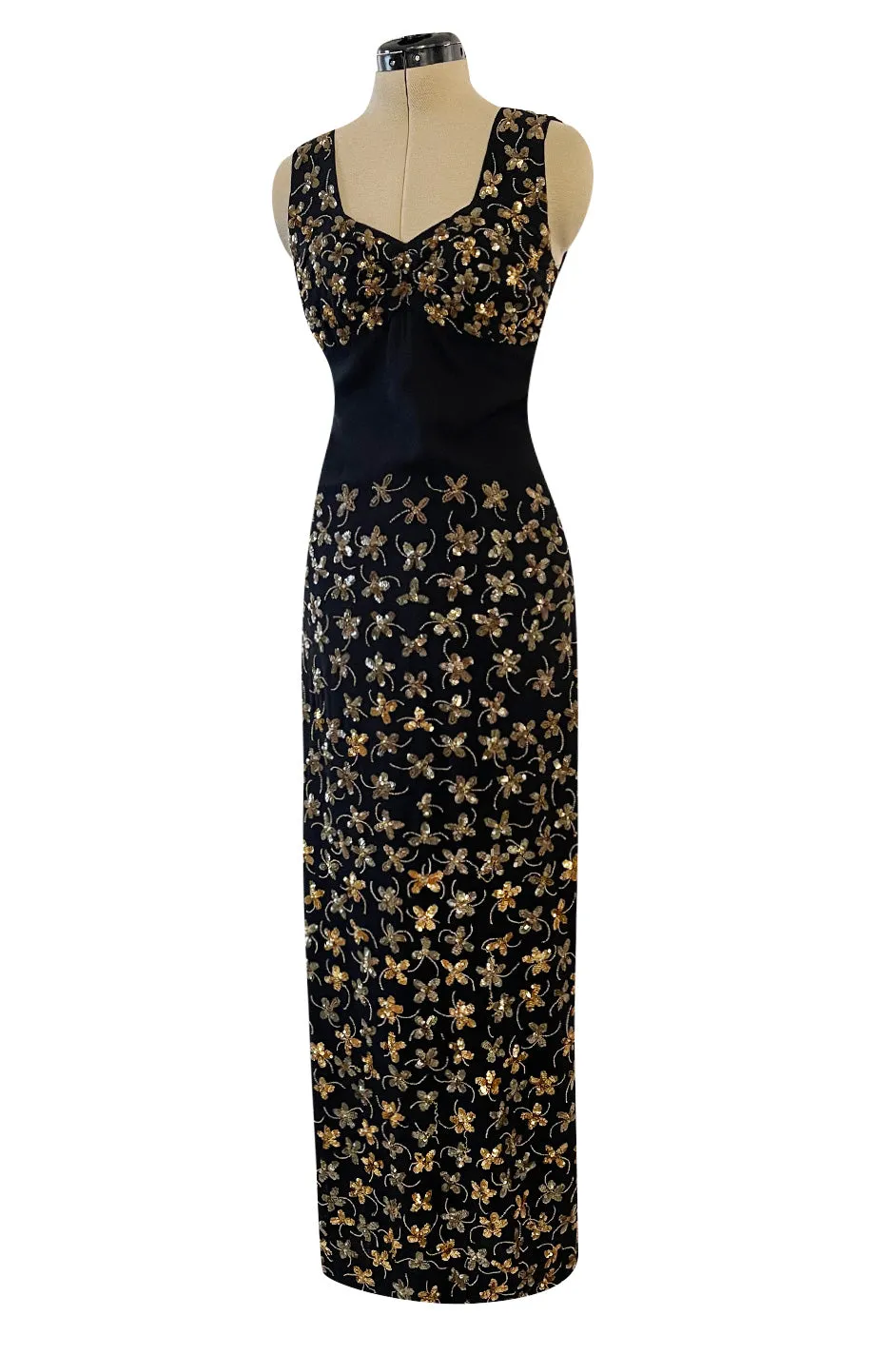 Incredible 1930s Black Moss Silk Crepe Dress Densely Covered w Rare Gelatin Sequins & Seed Beads