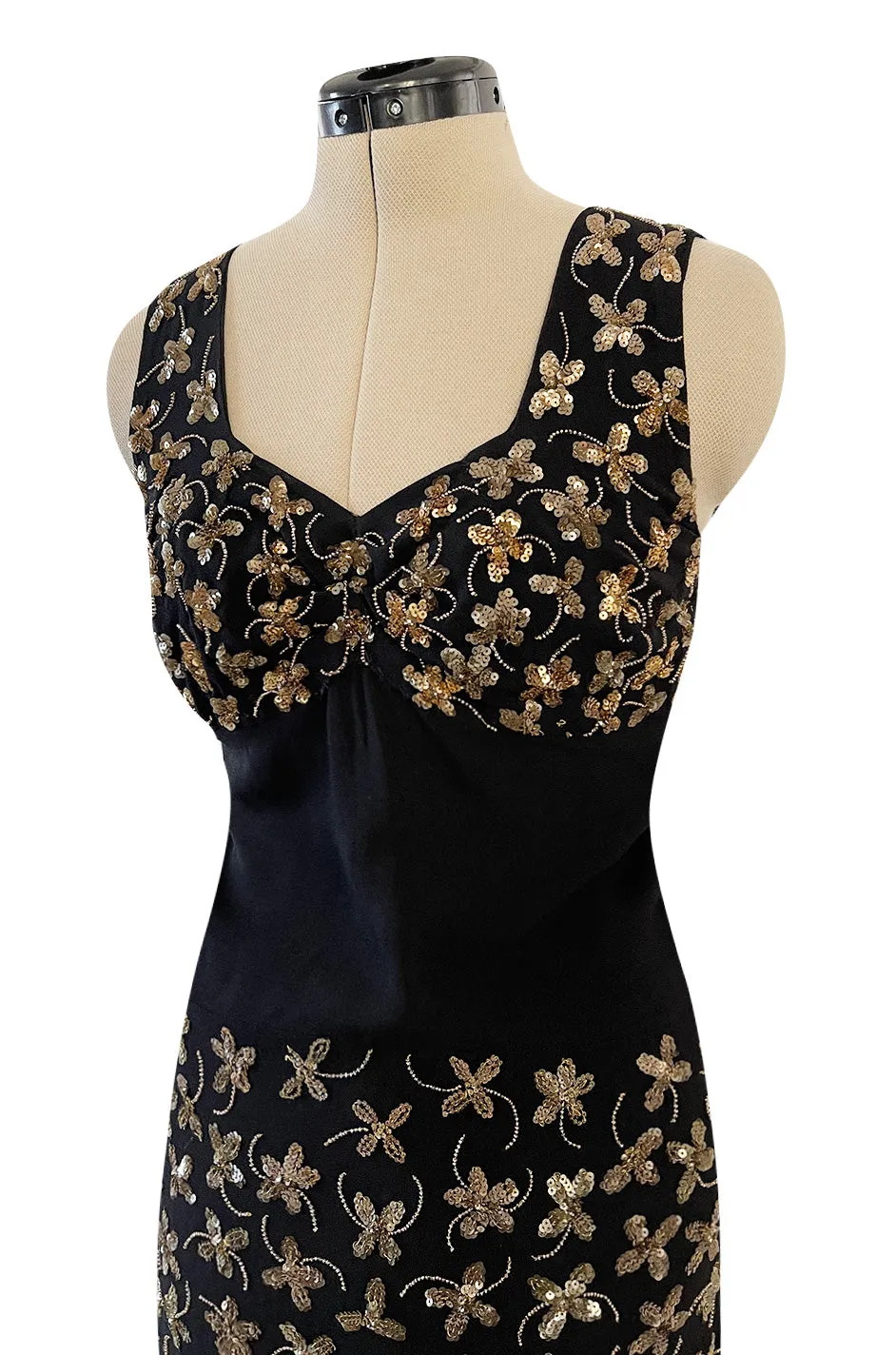 Incredible 1930s Black Moss Silk Crepe Dress Densely Covered w Rare Gelatin Sequins & Seed Beads