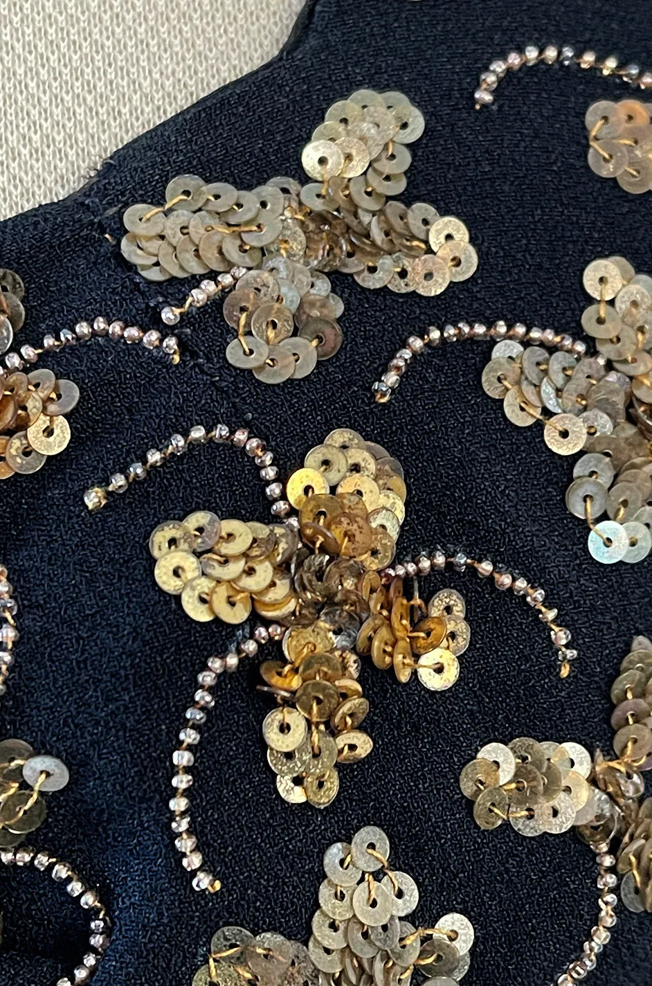 Incredible 1930s Black Moss Silk Crepe Dress Densely Covered w Rare Gelatin Sequins & Seed Beads