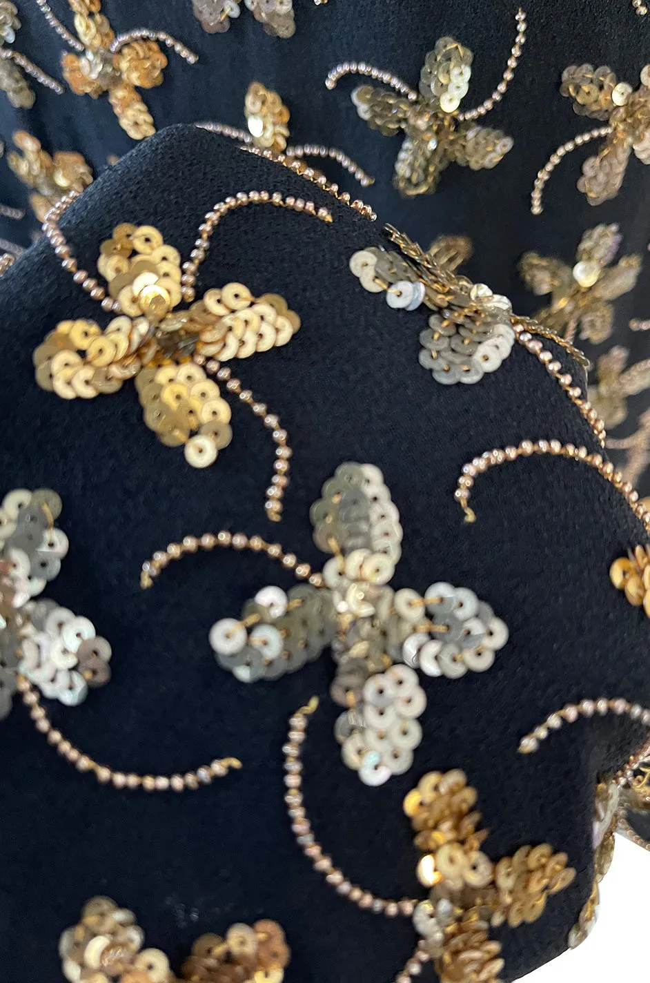 Incredible 1930s Black Moss Silk Crepe Dress Densely Covered w Rare Gelatin Sequins & Seed Beads