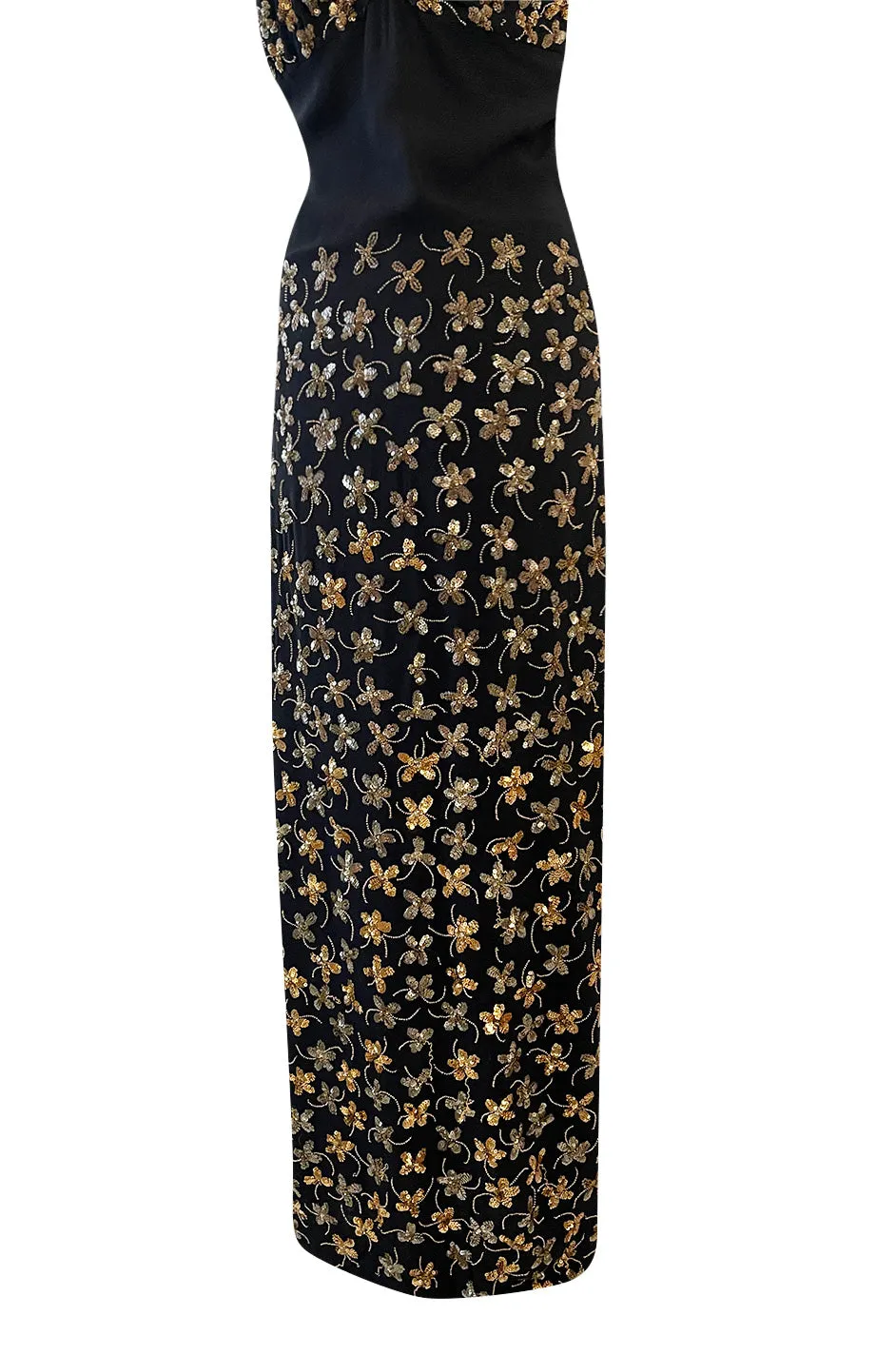 Incredible 1930s Black Moss Silk Crepe Dress Densely Covered w Rare Gelatin Sequins & Seed Beads
