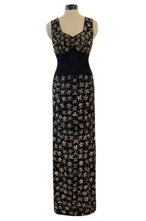 Incredible 1930s Black Moss Silk Crepe Dress Densely Covered w Rare Gelatin Sequins & Seed Beads