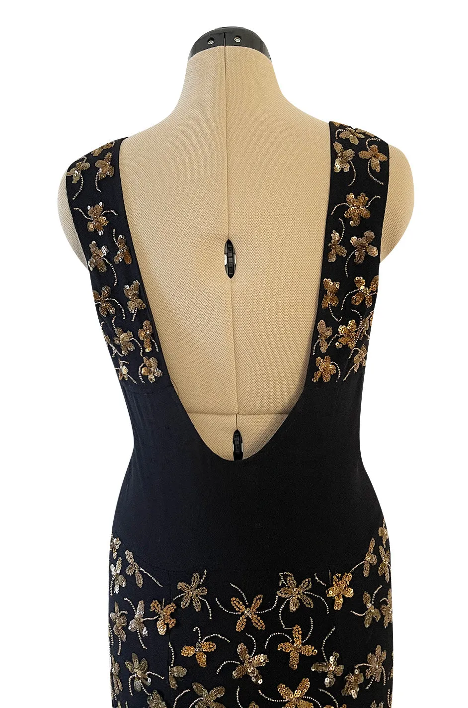 Incredible 1930s Black Moss Silk Crepe Dress Densely Covered w Rare Gelatin Sequins & Seed Beads