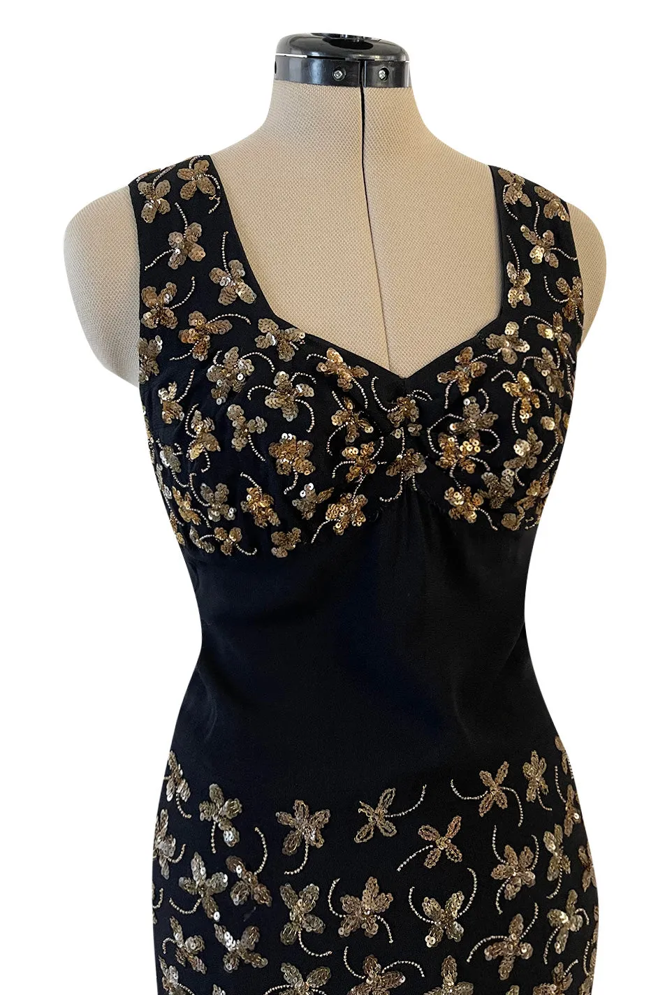 Incredible 1930s Black Moss Silk Crepe Dress Densely Covered w Rare Gelatin Sequins & Seed Beads