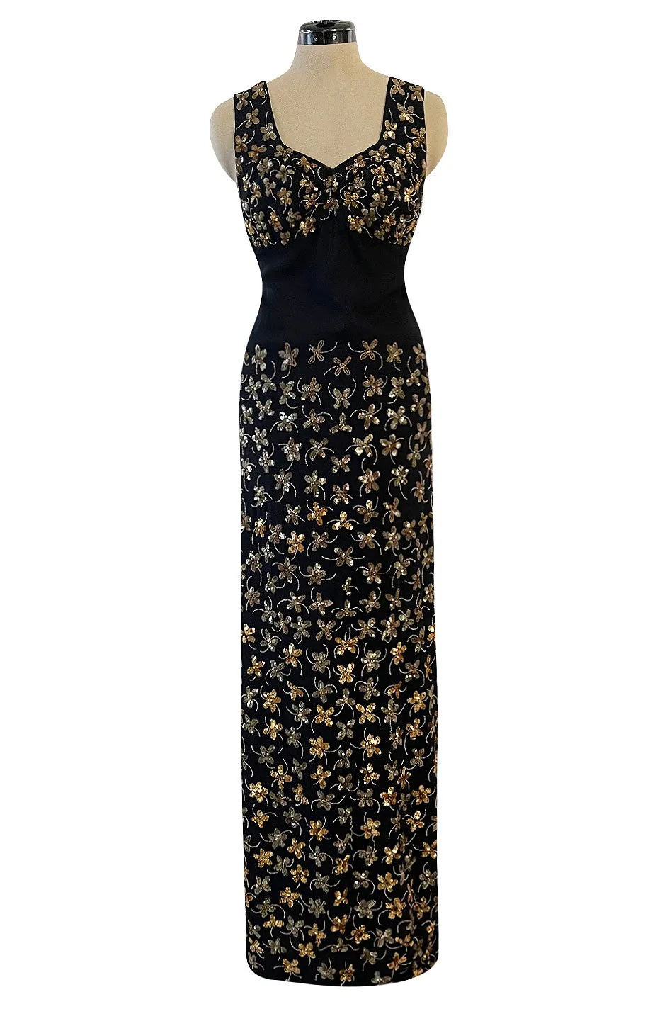 Incredible 1930s Black Moss Silk Crepe Dress Densely Covered w Rare Gelatin Sequins & Seed Beads
