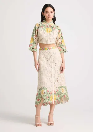 Ivory floral checkered cutwork skirt