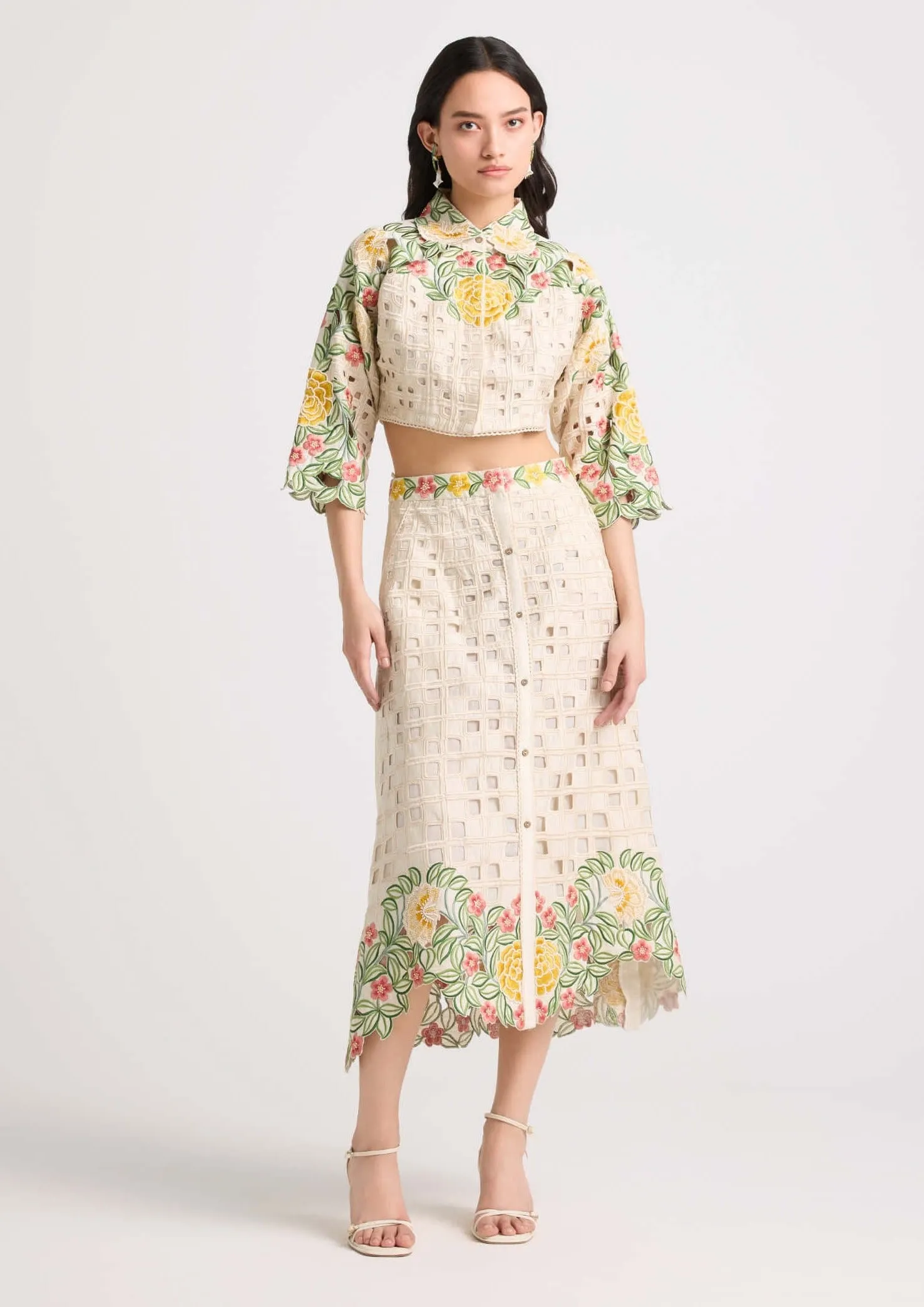 Ivory floral checkered cutwork skirt