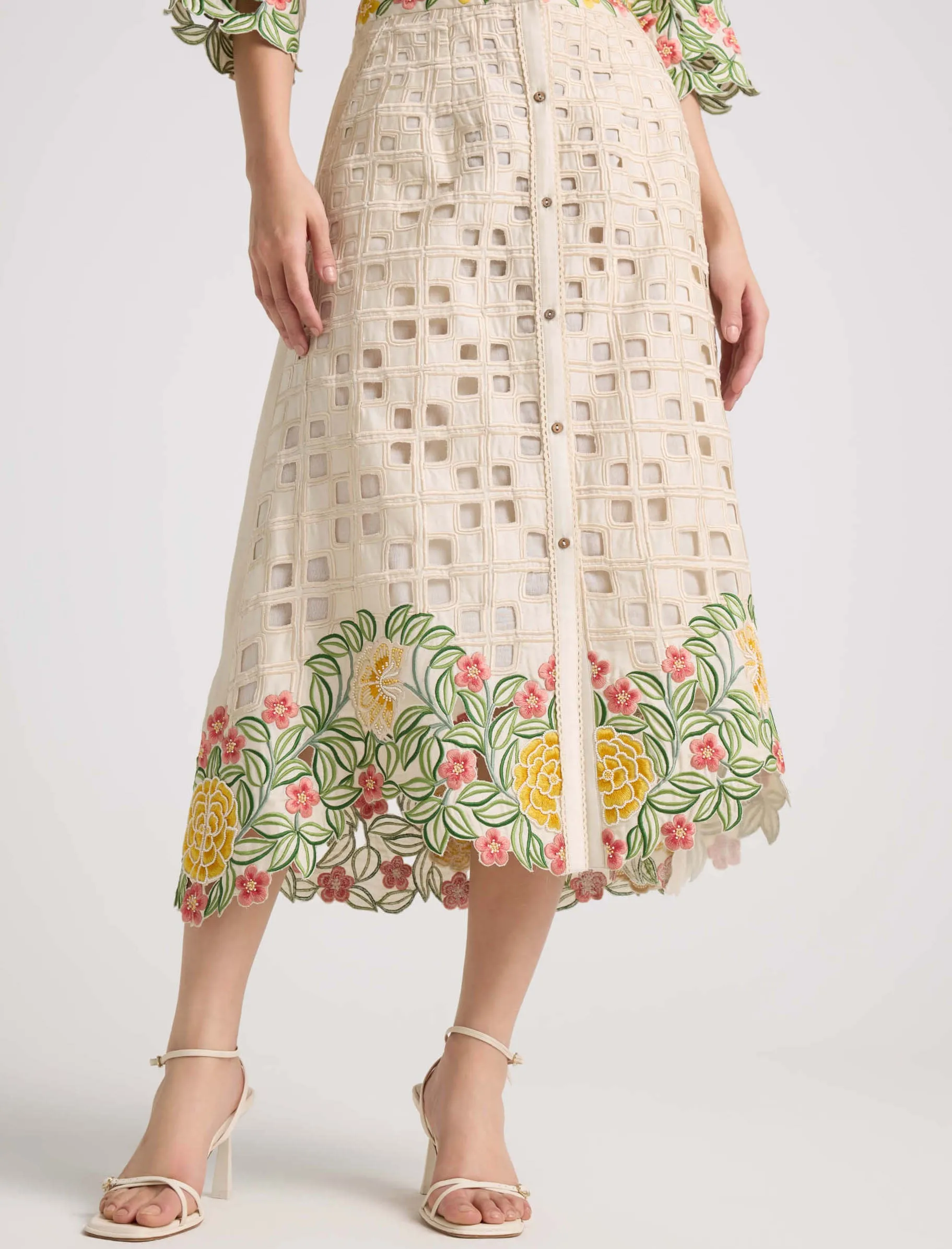 Ivory floral checkered cutwork skirt