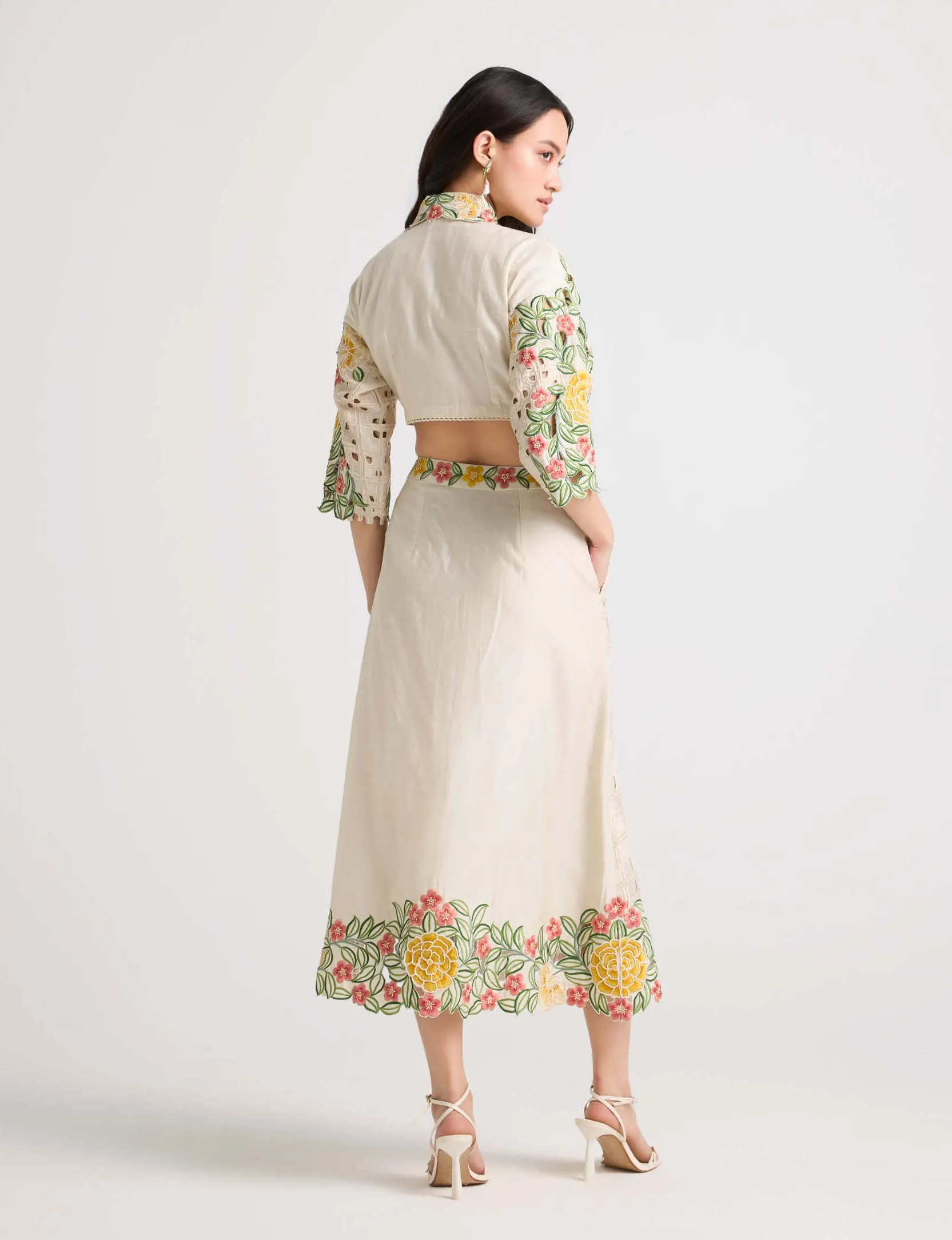 Ivory floral checkered cutwork skirt