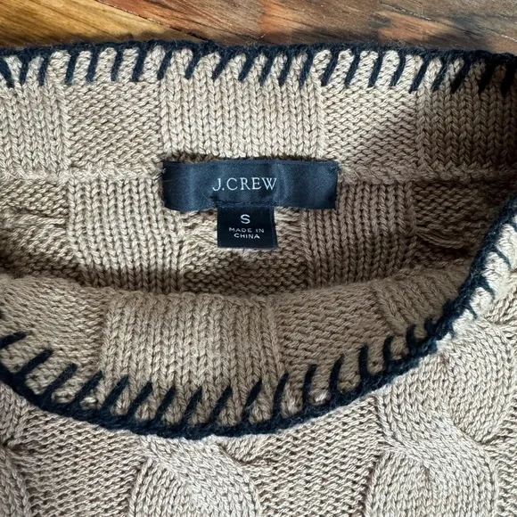 J. Crew Women’s Cable Knit Mock Neck Cotton Cashmere Cropped Boxy Sweater Tan S