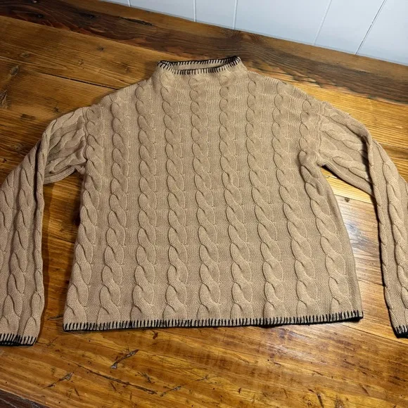 J. Crew Women’s Cable Knit Mock Neck Cotton Cashmere Cropped Boxy Sweater Tan S