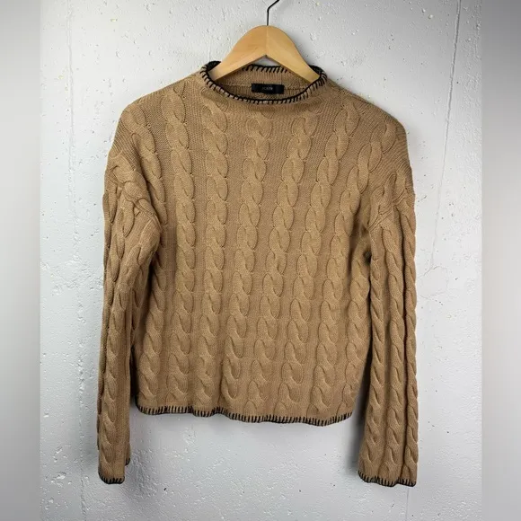 J. Crew Women’s Cable Knit Mock Neck Cotton Cashmere Cropped Boxy Sweater Tan S
