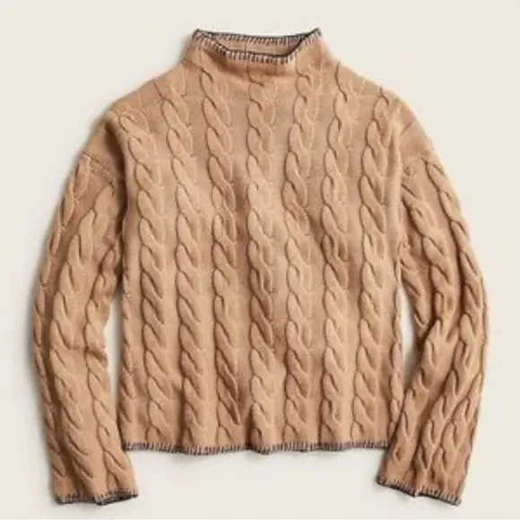 J. Crew Women’s Cable Knit Mock Neck Cotton Cashmere Cropped Boxy Sweater Tan S