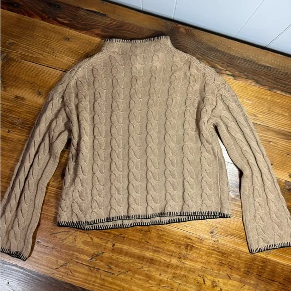 J. Crew Women’s Cable Knit Mock Neck Cotton Cashmere Cropped Boxy Sweater Tan S