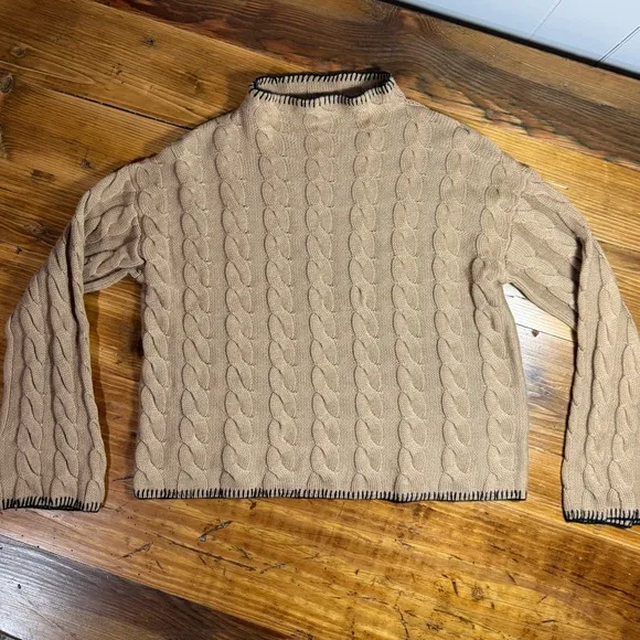 J. Crew Women’s Cable Knit Mock Neck Cotton Cashmere Cropped Boxy Sweater Tan S