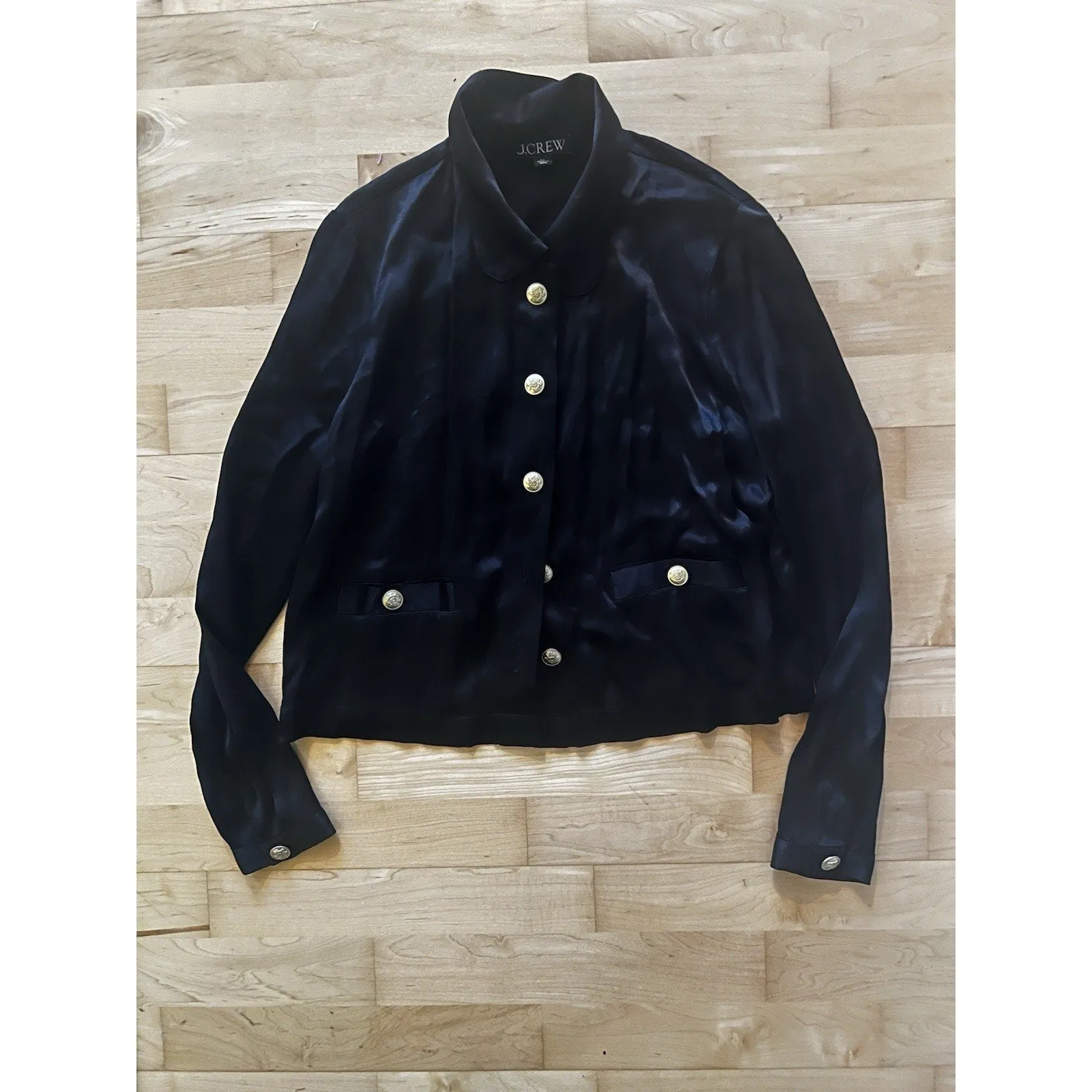J.Crew Women's Black Satin Lady Shirt – Gold Button Collared Blouse XS