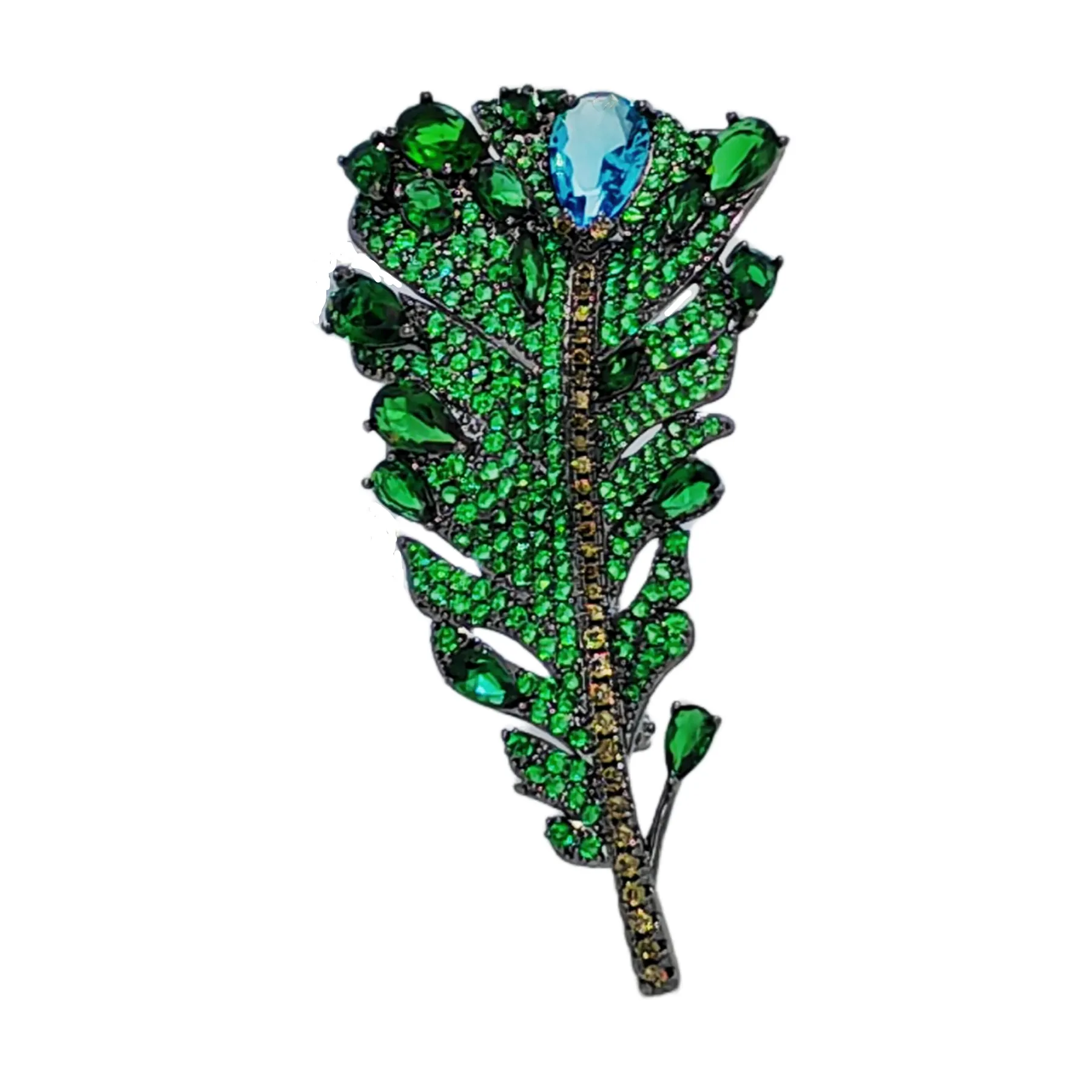Jewelblings Art Vintage Pear Stone Accent Green Feather Brooches and Pins