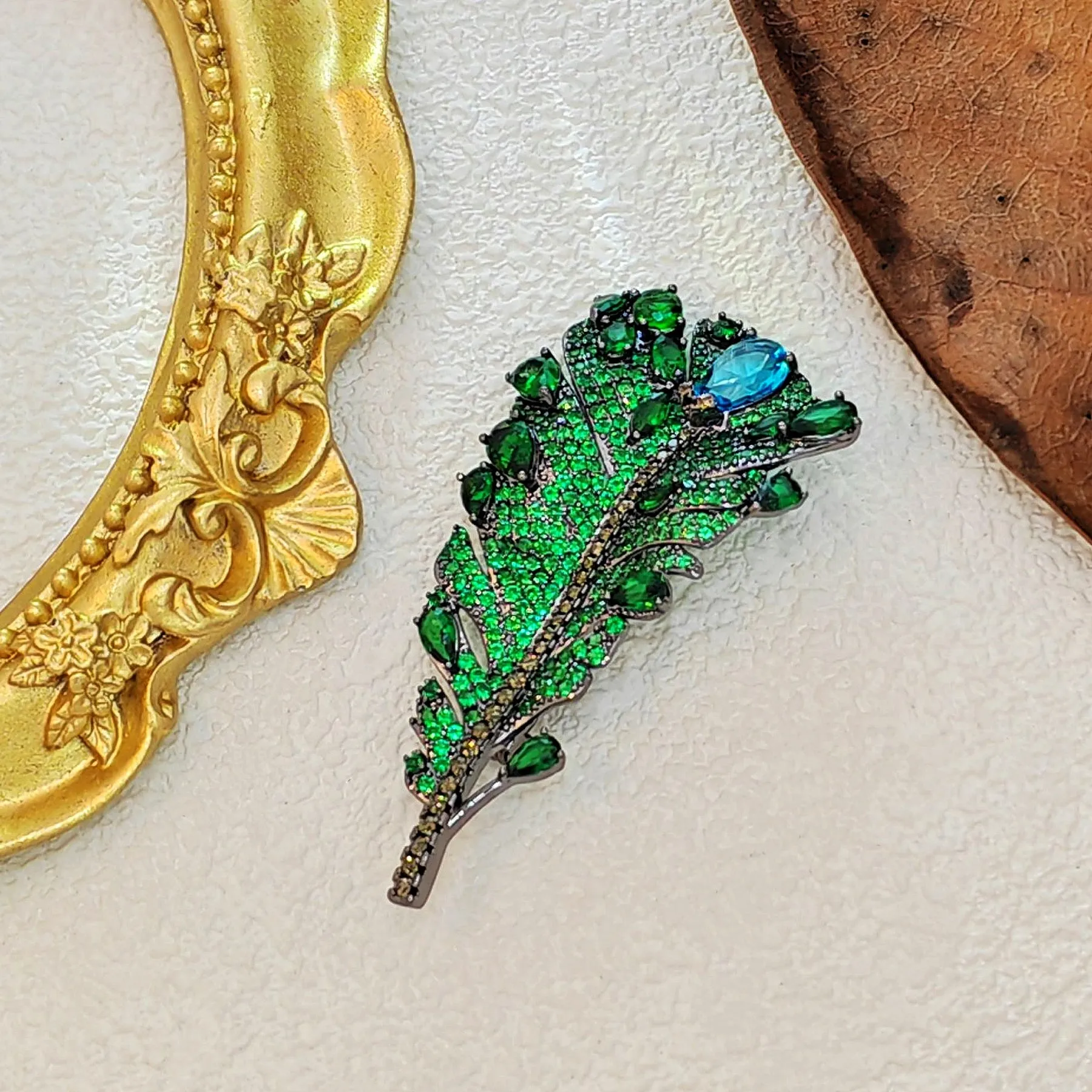 Jewelblings Art Vintage Pear Stone Accent Green Feather Brooches and Pins