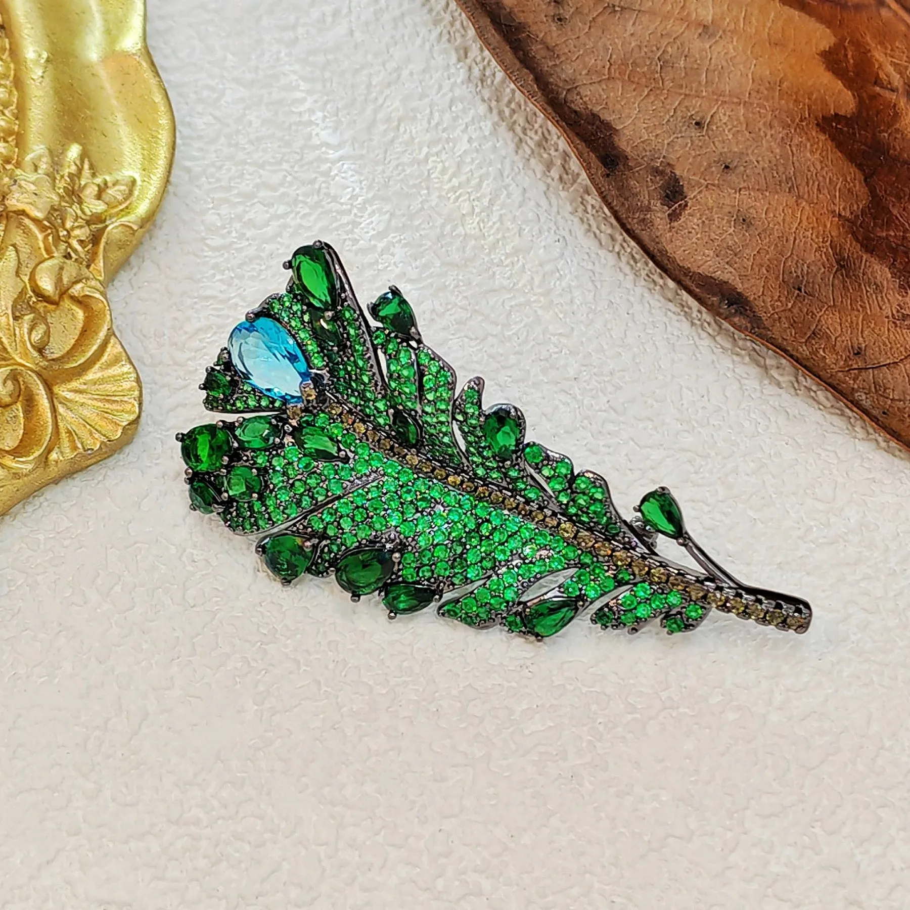 Jewelblings Art Vintage Pear Stone Accent Green Feather Brooches and Pins
