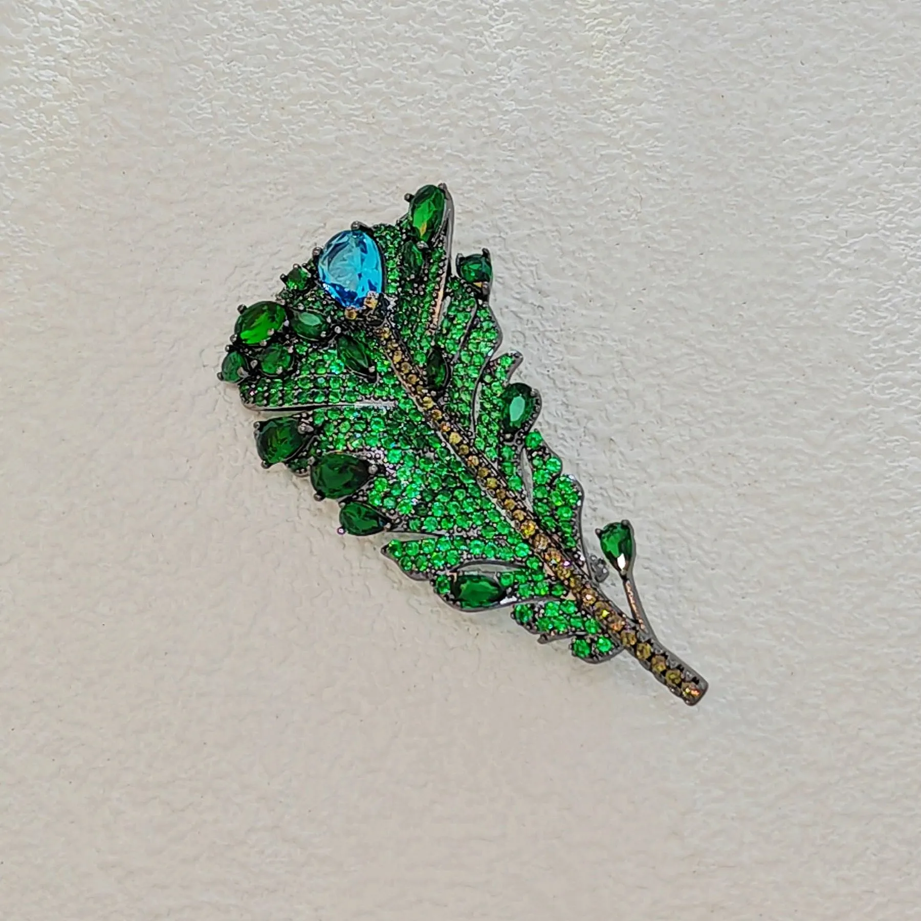 Jewelblings Art Vintage Pear Stone Accent Green Feather Brooches and Pins