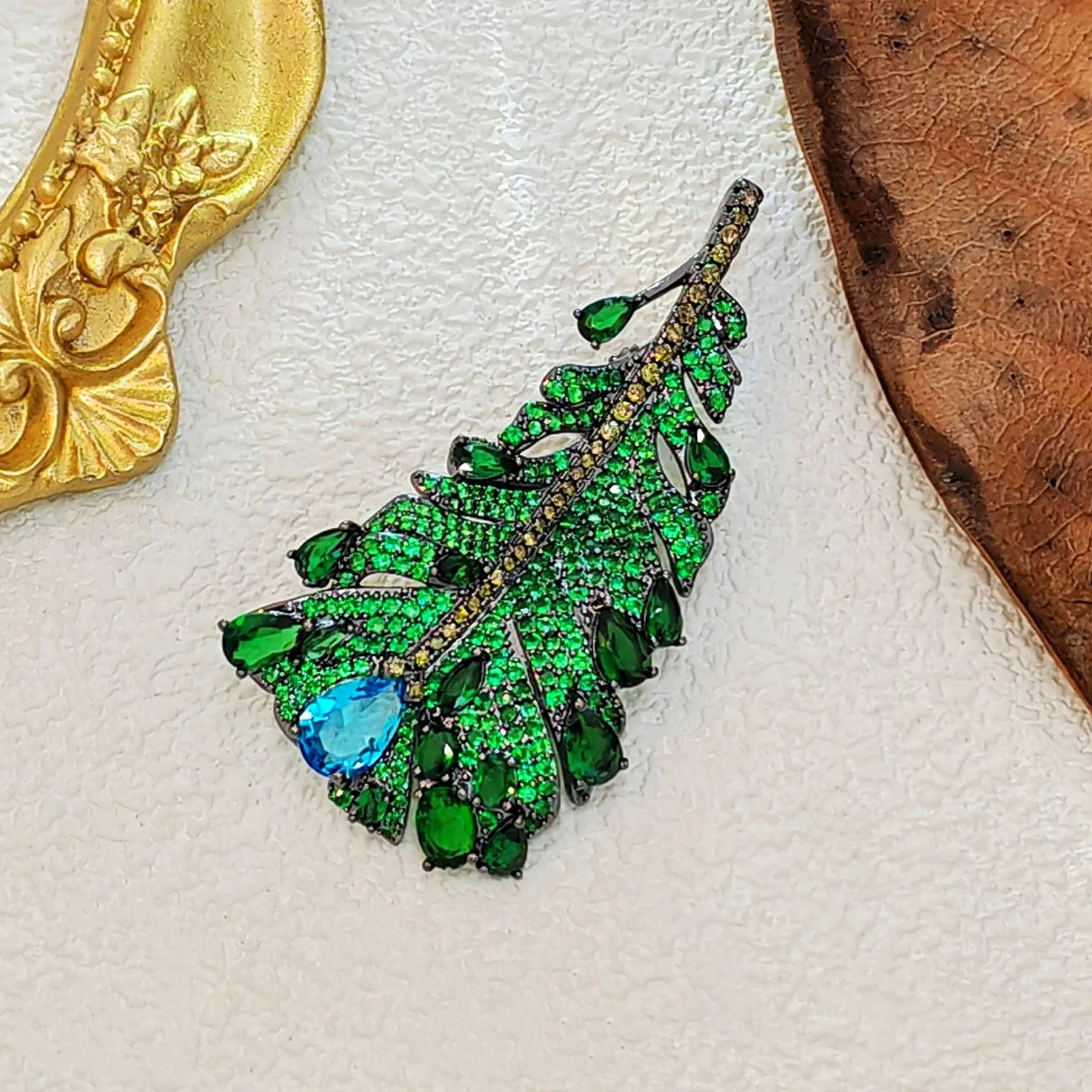 Jewelblings Art Vintage Pear Stone Accent Green Feather Brooches and Pins
