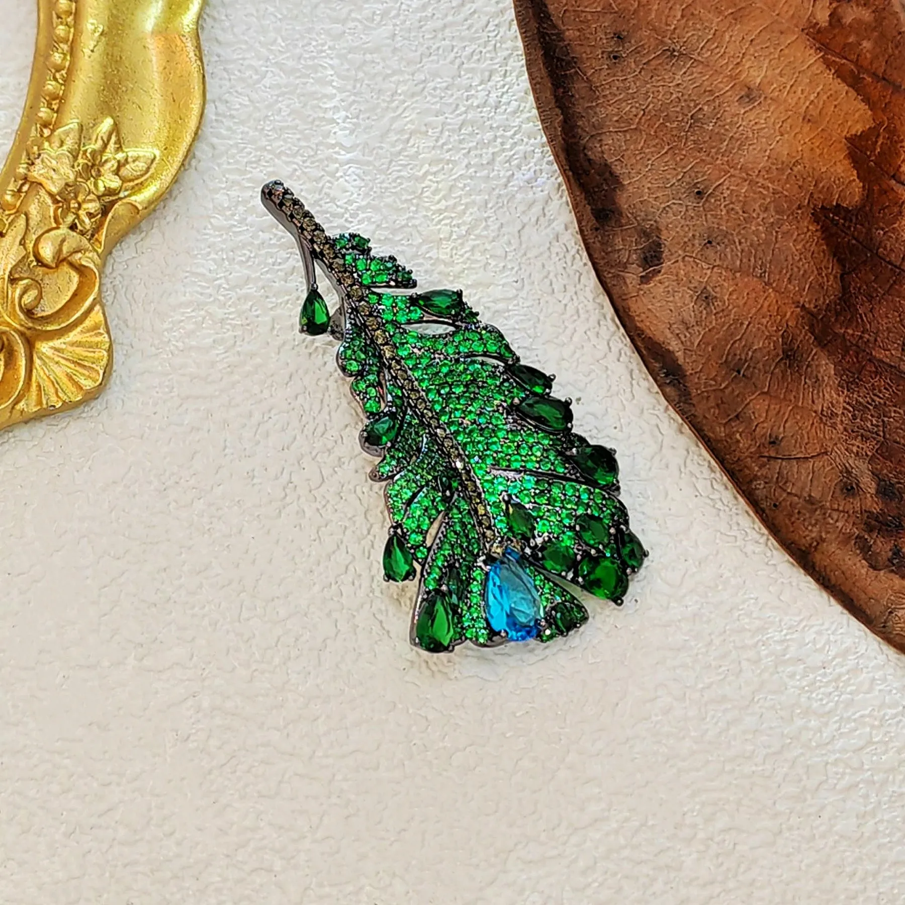Jewelblings Art Vintage Pear Stone Accent Green Feather Brooches and Pins